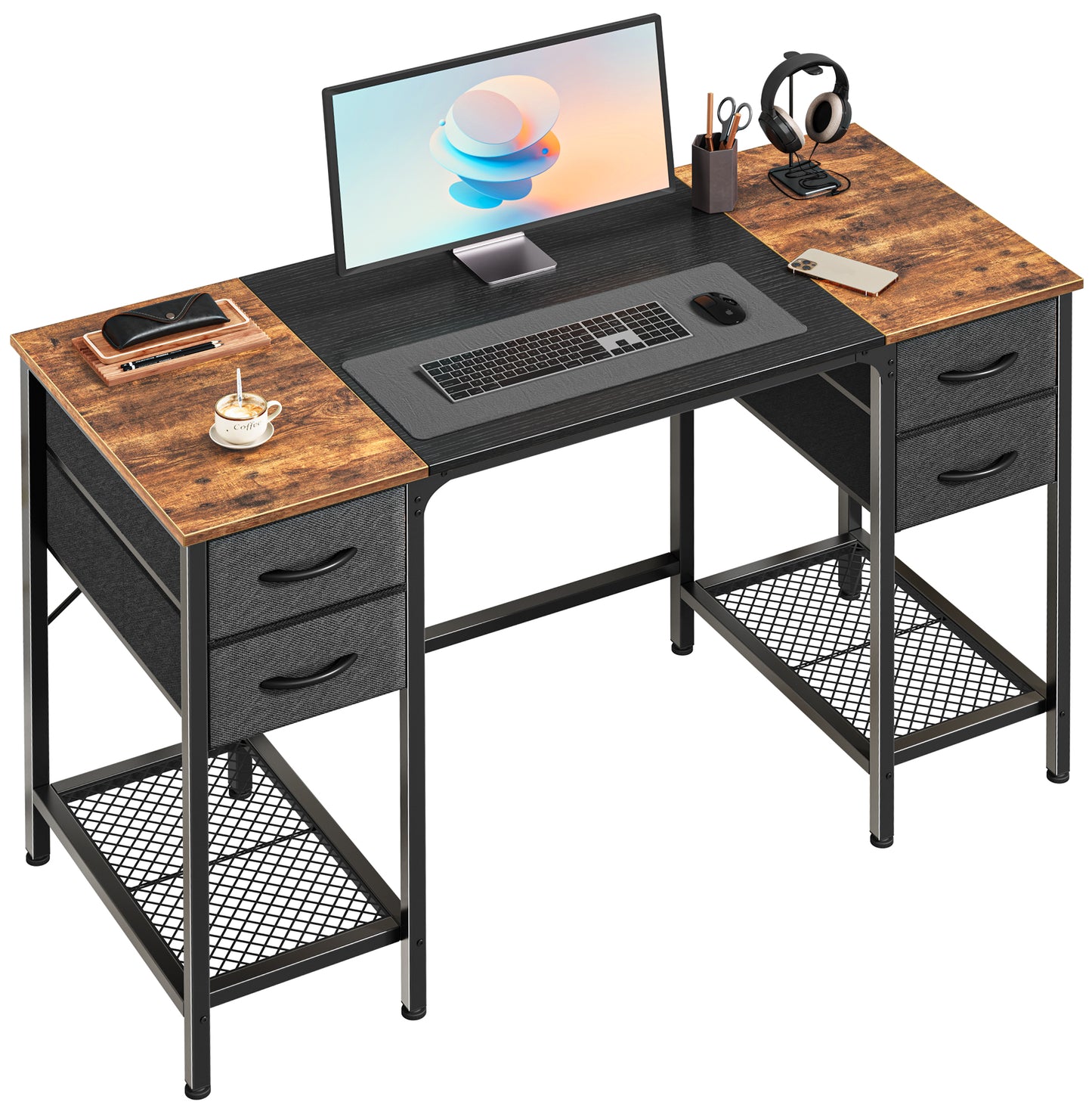 Huuger 47 Inch Computer Desk with 4 Drawers, Office Desk with Mesh Shelf, Gaming Desk, Large Storage, Writing Desk Work Desk for Home Office, Study, Bedroom, Work from Home, Rustic Brown and Black