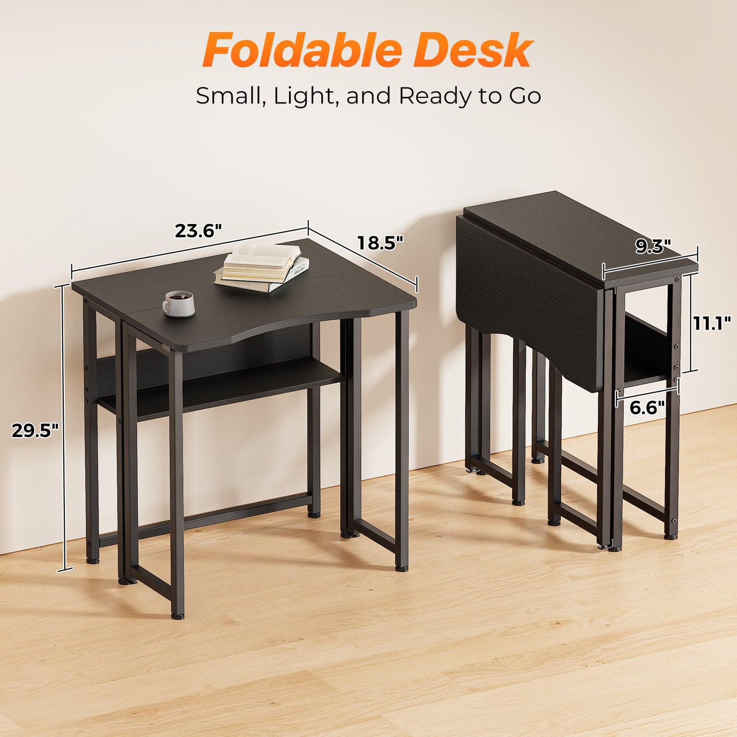 Huuger Folding Desk with Storage Shelf, 23.6 Inch Foldable Computer Table for Small Spaces, Space Saving Sofa Table for Couch, Writing Work Office Computer Desk, Easy to Fold, Black