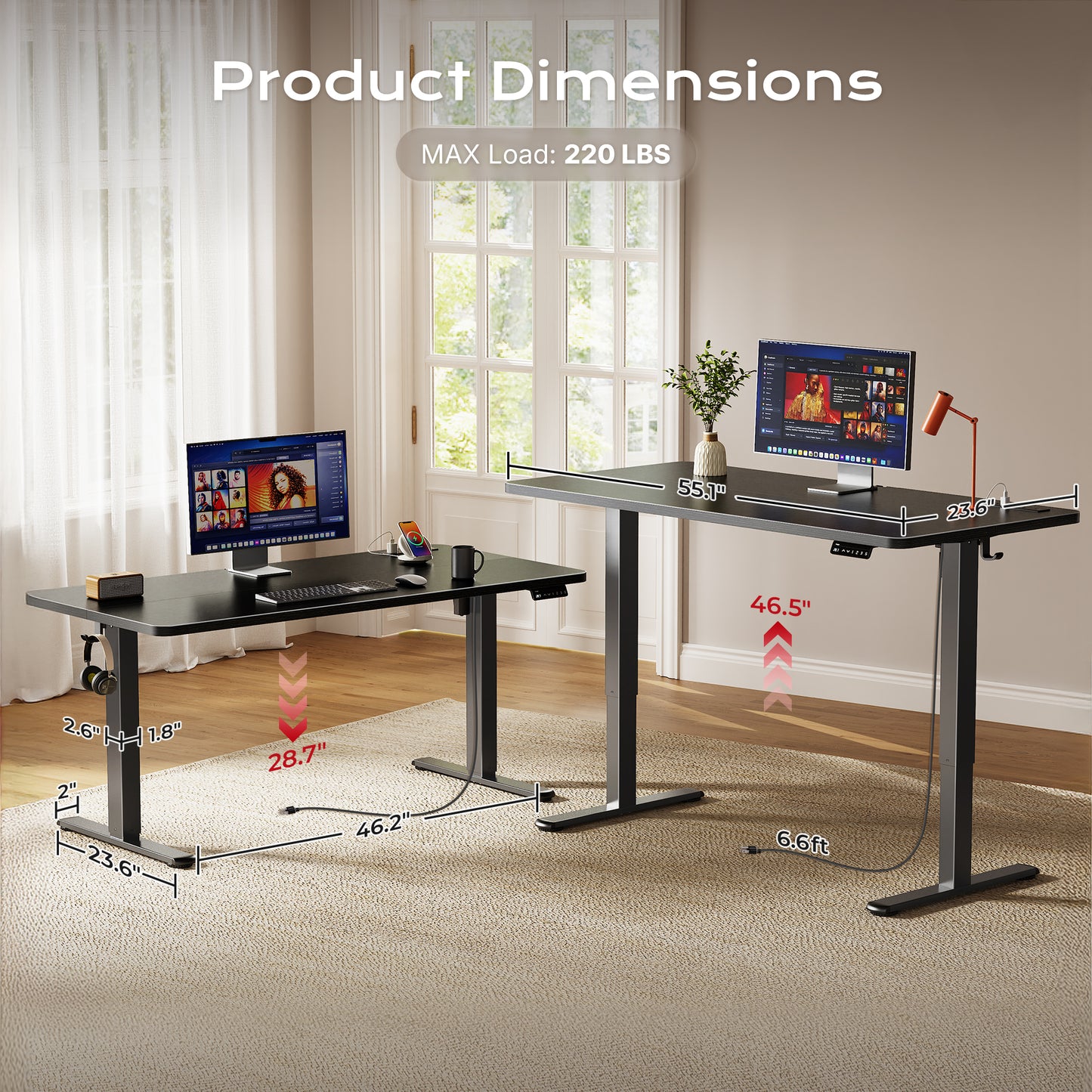 Huuger 55 X 24 Inch Electric Standing Desk with Power Outlets and USB-C Port, Height Adjustable Desk, Sit Stand Desk for Home Office, Computer & Gaming Desk with 3 Presets, Stable Steel Frame