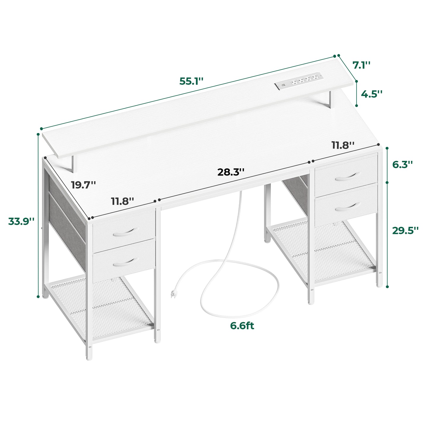 55 inch Computer Desk with 4 Drawers, Gaming Desk with LED Lights & Power Outlets, Home Office Desk with Large Storage Space for Bedroom, Work from Home, White