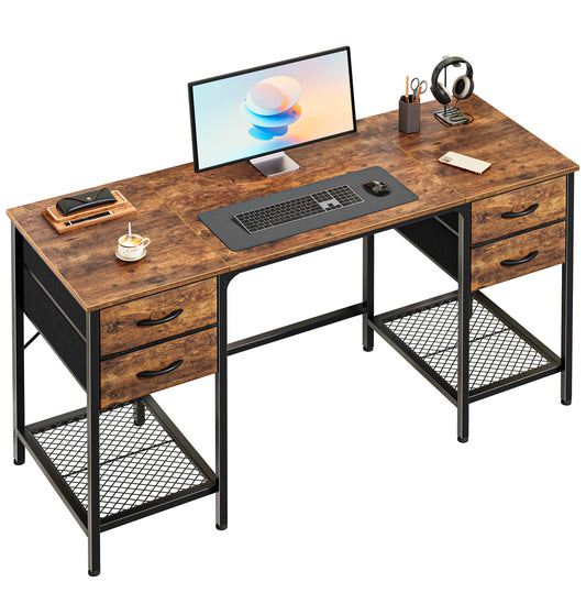 Huuger 55 Inch Computer Desk with 4 Drawers, Office Desk with Mesh Shelf, Gaming Desk, Large Storage, Writing Desk Work Desk for Home Office, Study, Bedroom, Work from Home, Rustic Brown