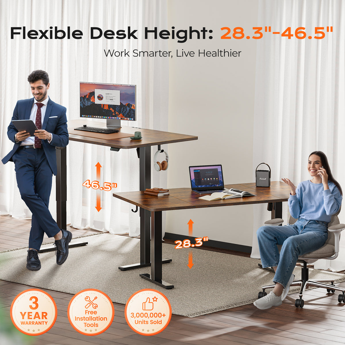 Huuger 63 x 28 Large Electric Standing Desk, Height Adjustable Computer Desk, 27.6" Deep Desktop, Stand up Gaming Office Table with 2 Hooks, 3 Preset Heights, for Home Office, Rustic Brown