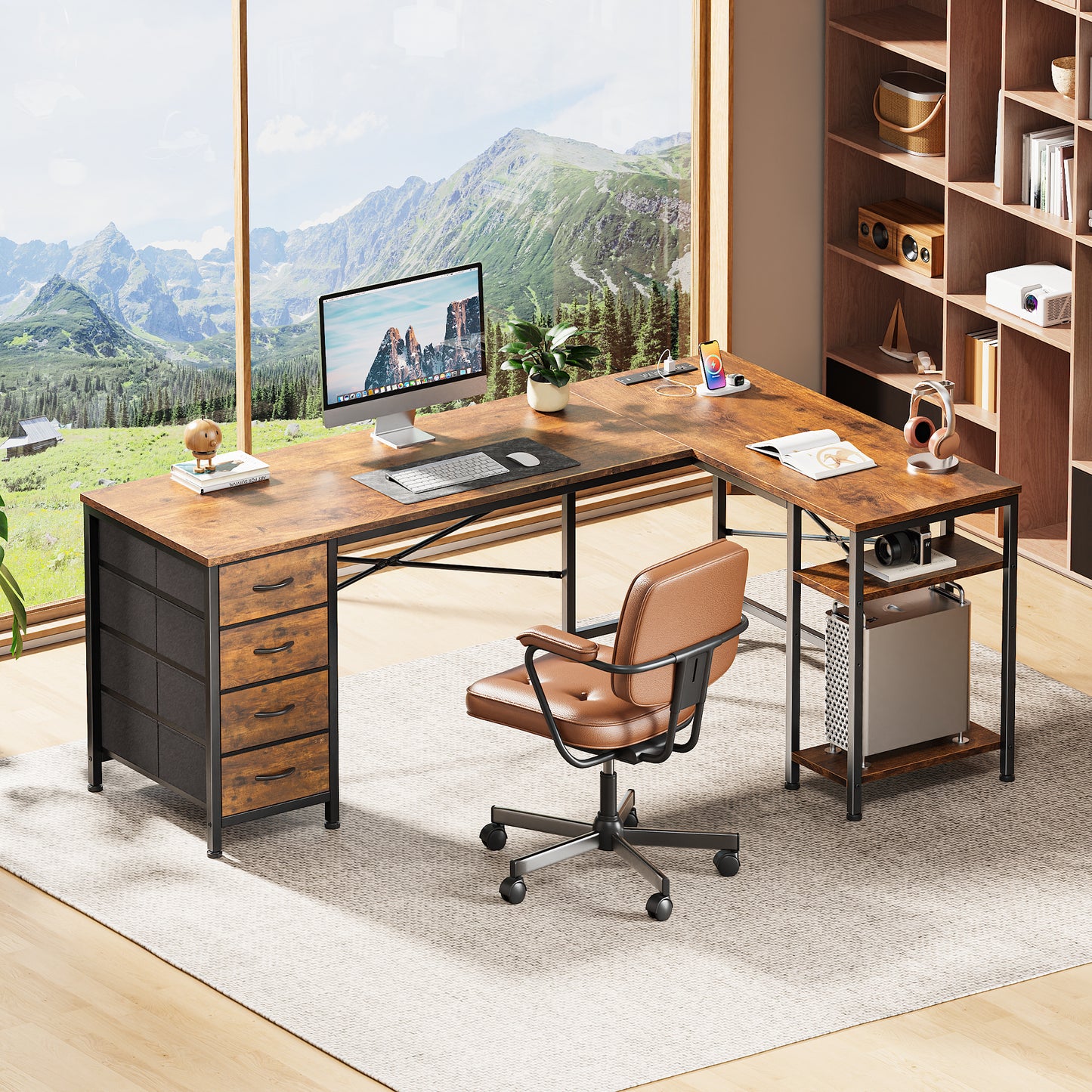 Huuger 63 Inch L Shaped Desk with Fabric Drawers, Computer Office Desk with Power Outlets and USB-C Port, Corner Desk with Storage Shelves, for Gaming Work Study Home Office, Reversible, Rustic Brown