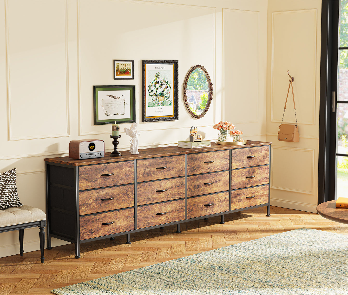 Huuger 70 Inch Dresser for Bedroom, TV Stand for 65, 75, 80 Inch TV, 12 Fabric Drawer Long Dresser, Large Entertainment Center for Bedroom, Wide Chest of Drawer with Storage