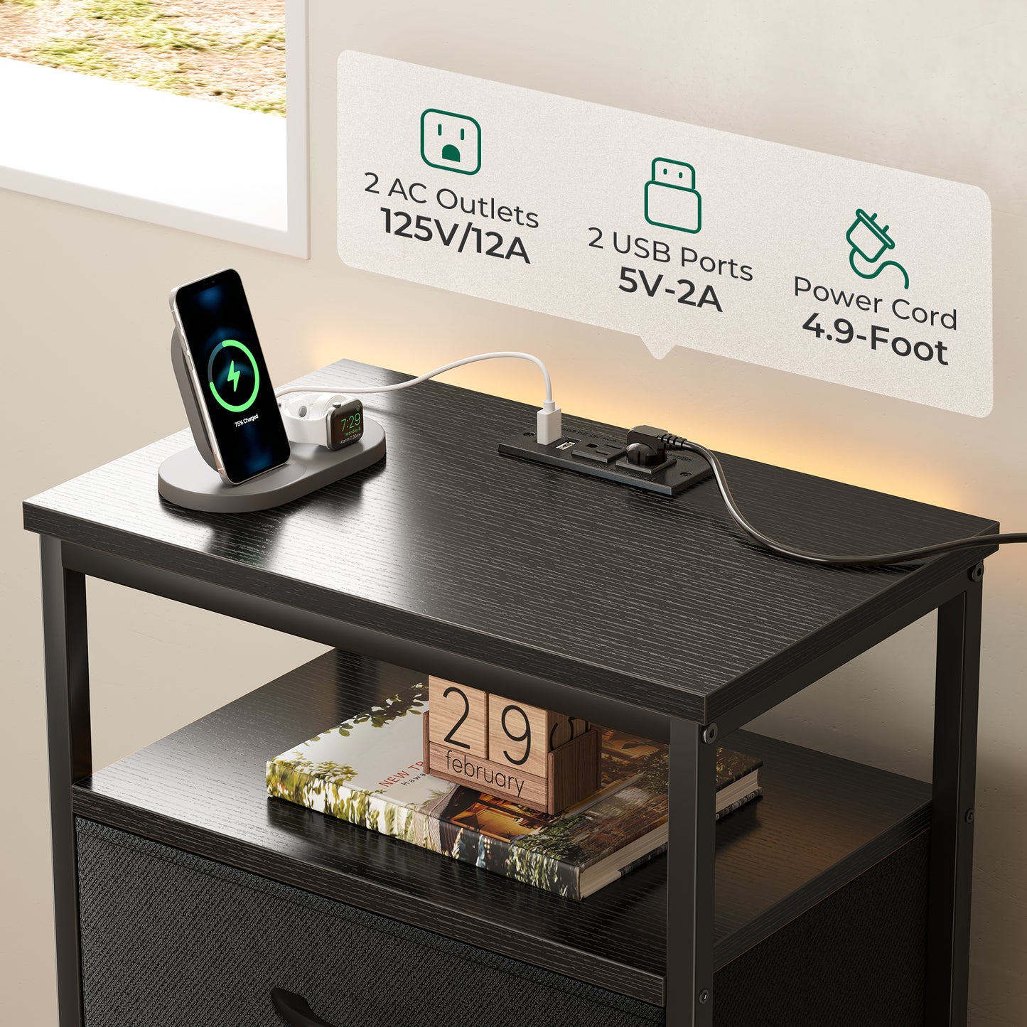 Huuger 5 Drawers Dresser with Charging Station, Dresser for Bedroom, Tall Night Stand, Chest of Drawers with Open Shelf, Bedside Table Nightstand, Fabric Storage Drawers, for Entryway, Black