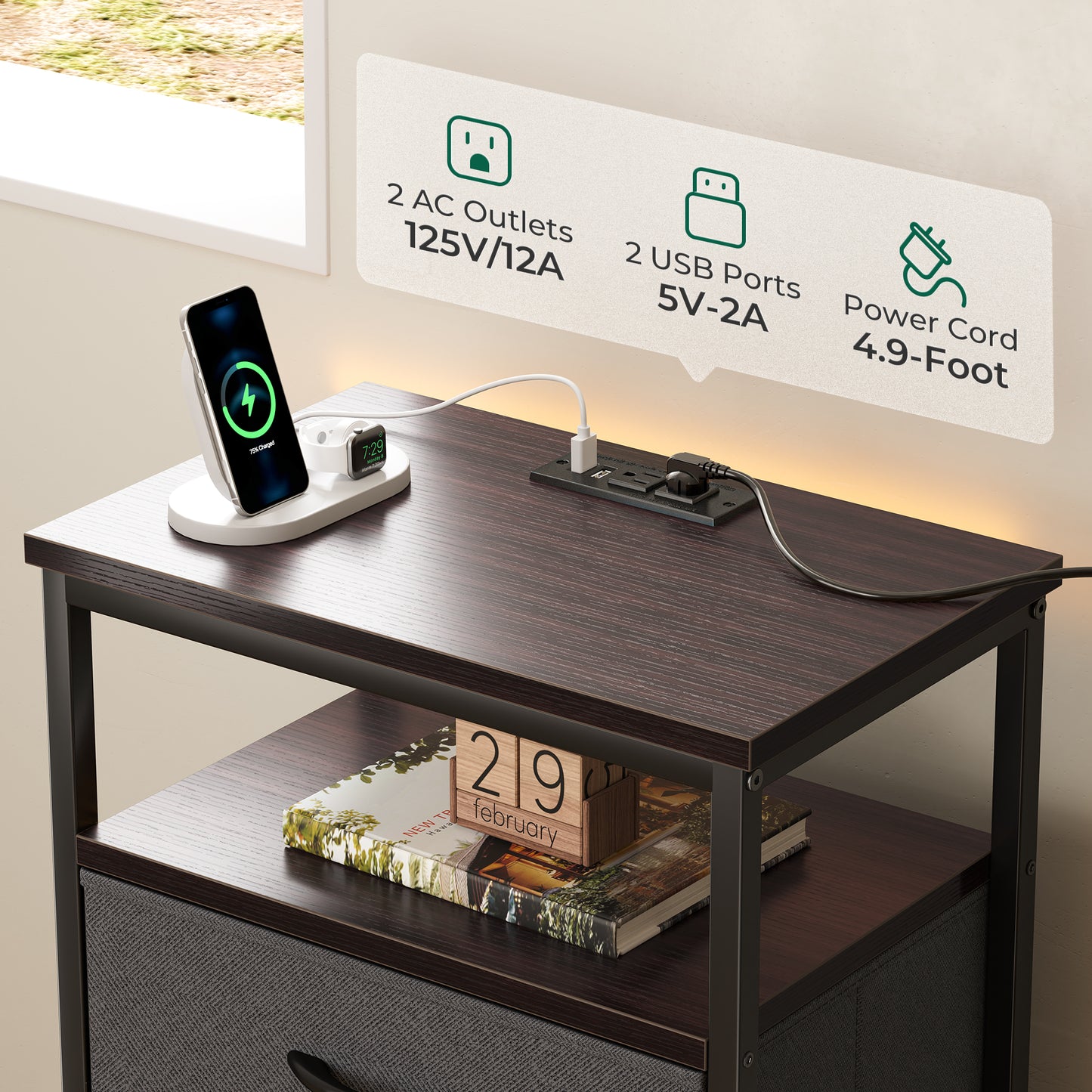 Huuger 5 Drawers Dresser with Charging Station, Dresser for Bedroom, Tall Night Stand, Chest of Drawers with Open Shelf, Bedside Table Nightstand, Fabric, for Entryway, Adult Only, Walnut