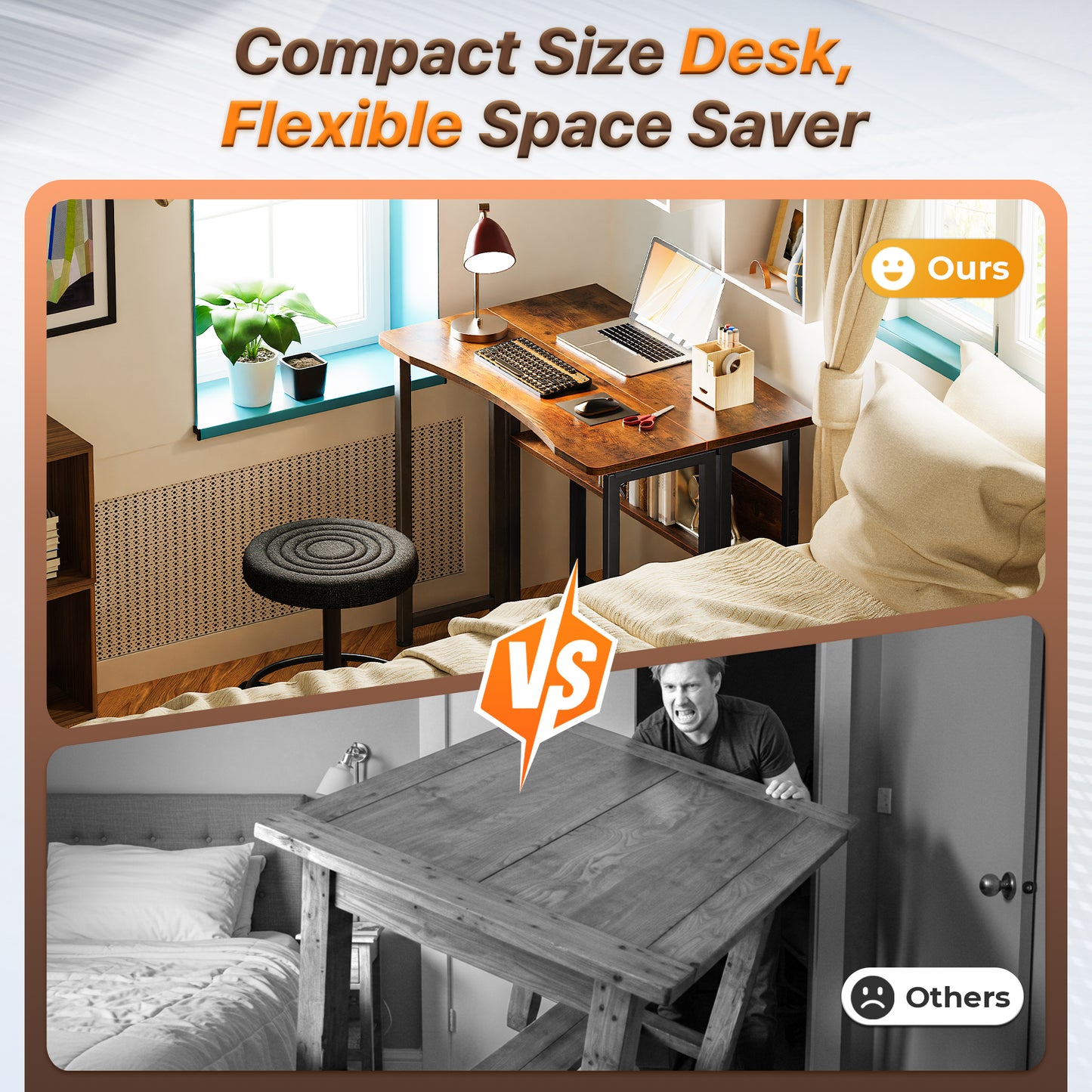 Huuger Folding Desk with Storage Shelf, 31.5 Inch Foldable Computer Table for Small Spaces, Space Saving Sofa Table for Couch, Writing Work Office Computer Desk, Easy to Fold, Rustic Brown