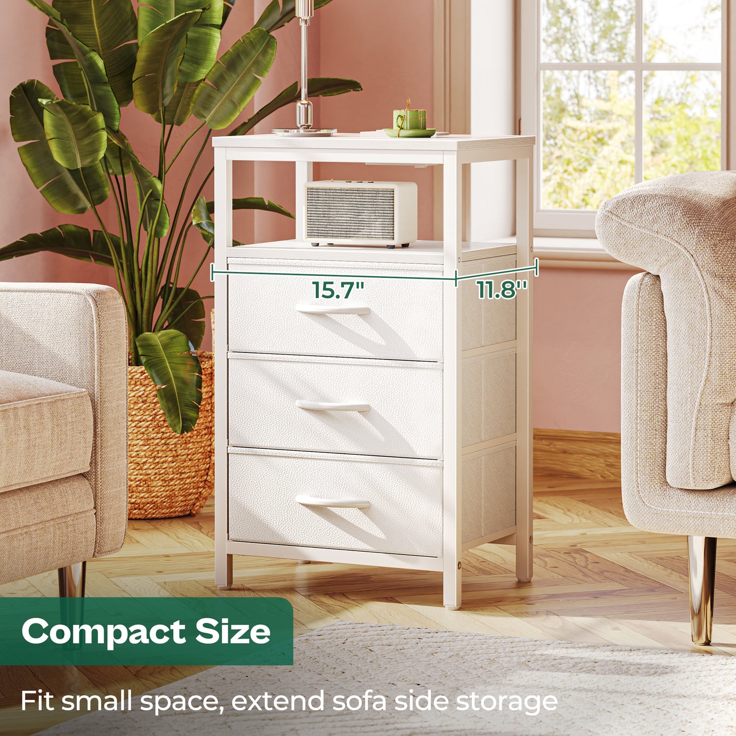 Huuger Nightstand with Charging Station, 27.6 Inch Side Table with Drawers, PU Leather Finish, End Table Bedside Table with USB Ports and Outlets, Night Stand for Bedroom, White