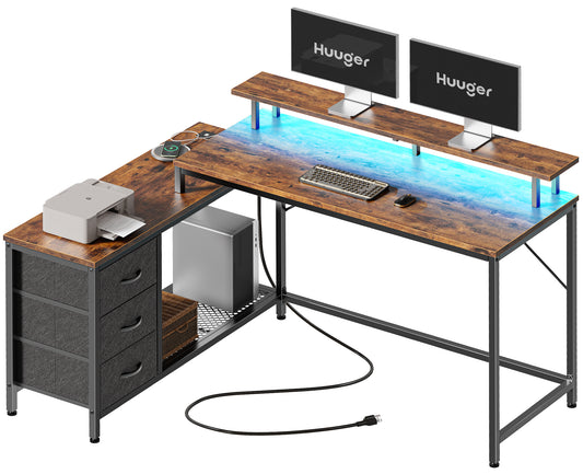 Huuger L Shaped Computer Desk with LED Lights and Power Outlets, Gaming Desk with Drawers & Storage Shelf, Reversible Corner Desk with Monitor Stand, Rustic Brown