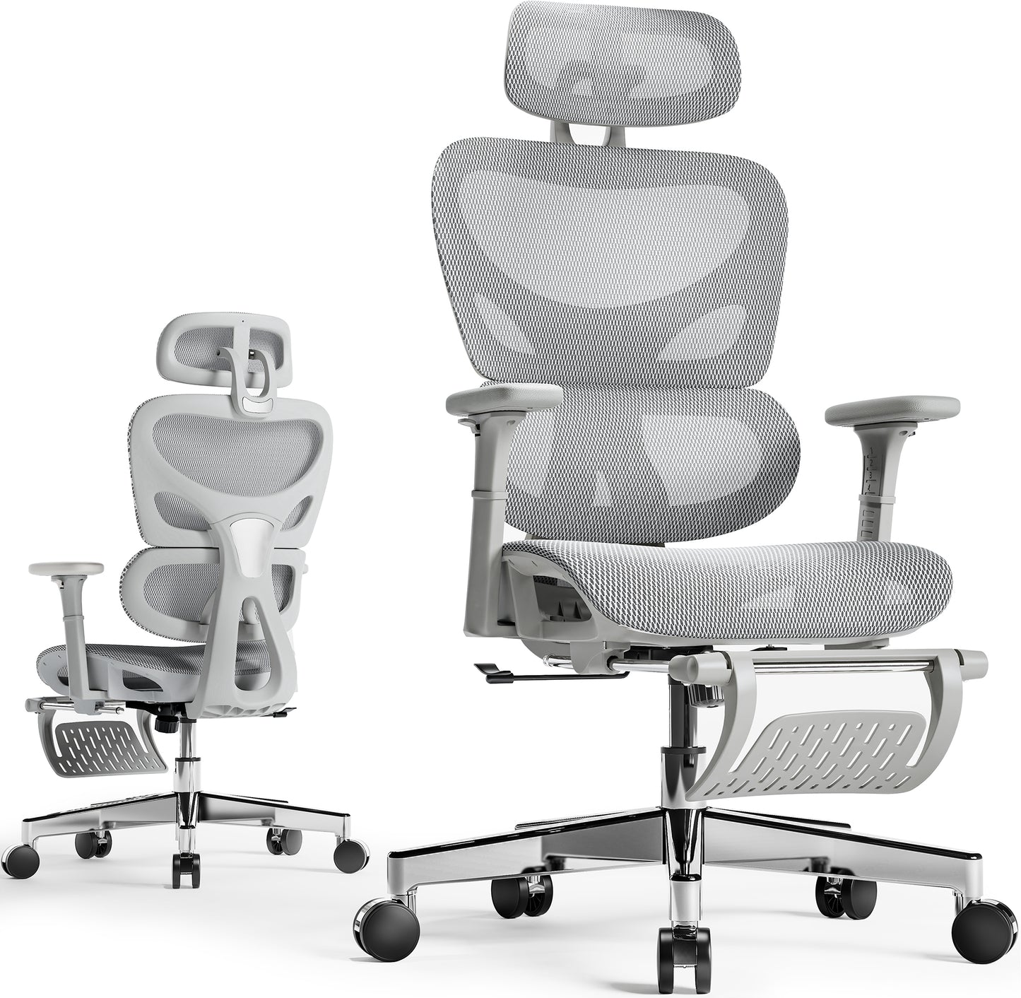 Huuger Mesh Office Chair with Footrest, Ergonomic Desk Chair with Lumbar Support, Comfortable Gaming Chair with Multi-tilt Angle Backrest, Headrest and 3D Armrest, Large Steel Base, Grey