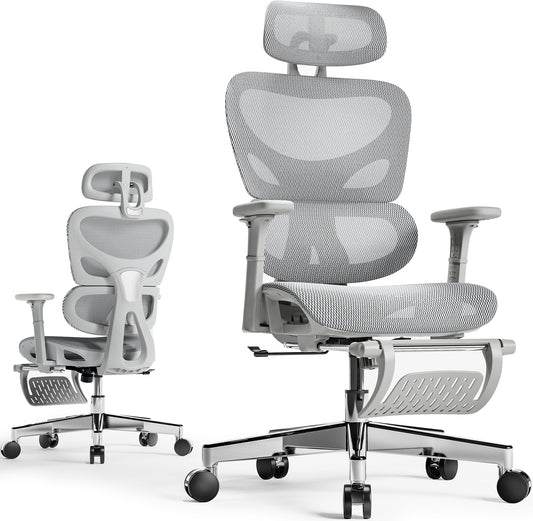 Huuger Mesh Office Chair with Footrest, Ergonomic Desk Chair with Lumbar Support, Comfortable Gaming Chair with Multi-tilt Angle Backrest, Headrest and 3D Armrest, Large Steel Base, Grey