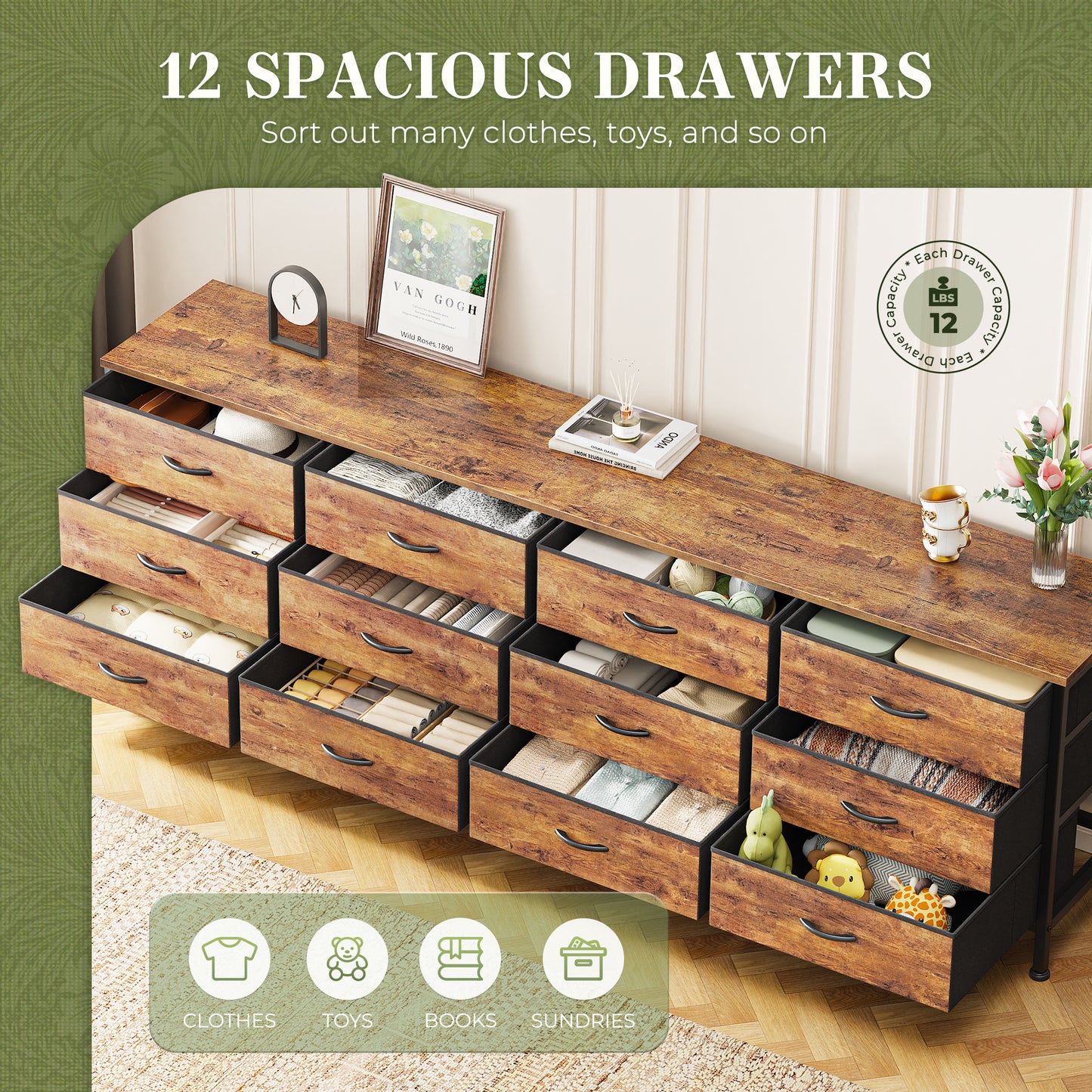 Huuger 70 Inch Dresser for Bedroom, TV Stand for 65, 75, 80 Inch TV, 12 Fabric Drawer Long Dresser, Large Entertainment Center for Bedroom, Wide Chest of Drawer with Storage