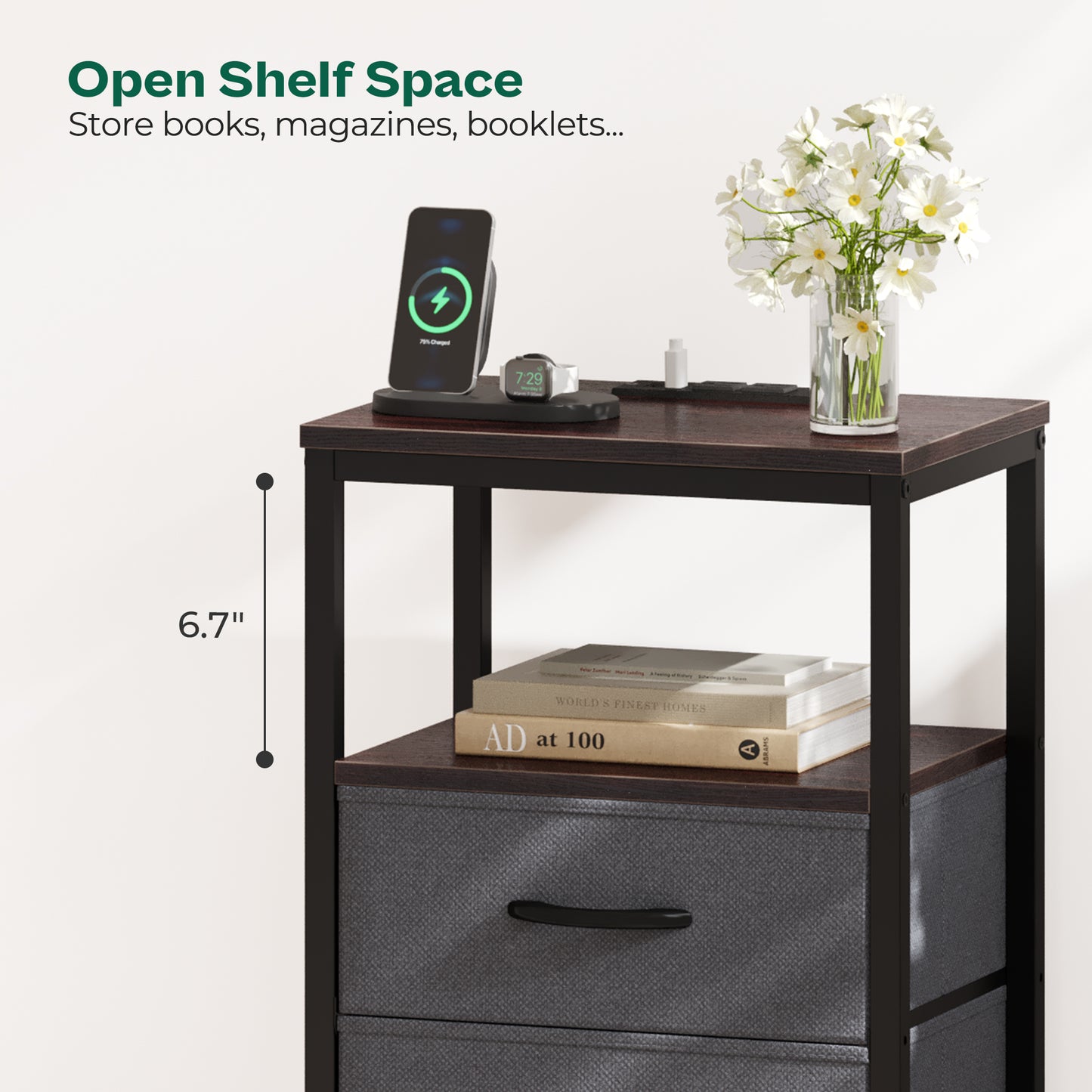 Huuger 5 Drawers Dresser with Charging Station, Dresser for Bedroom, Tall Night Stand, Chest of Drawers with Open Shelf, Bedside Table Nightstand, Fabric, for Entryway, Adult Only, Walnut