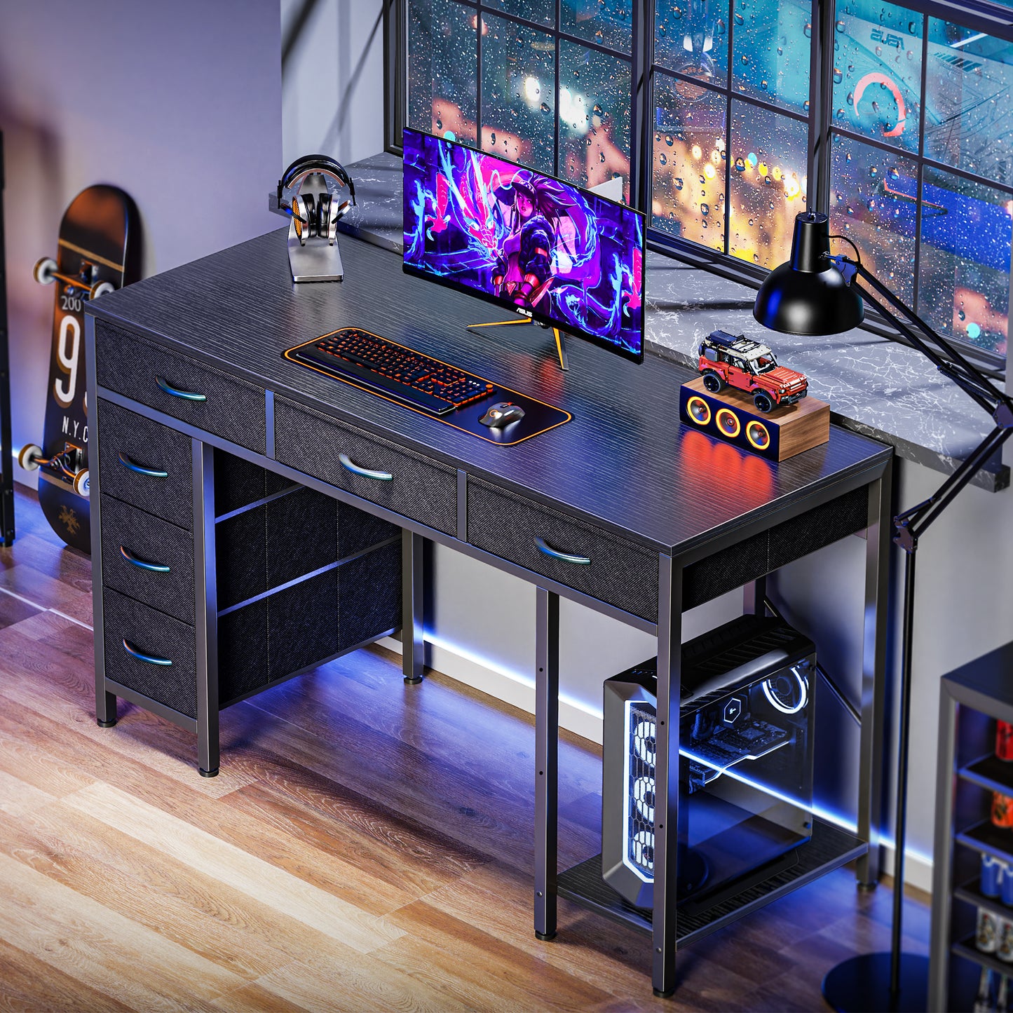 Huuger Computer Desk with 6 Drawers, 47 Inch Office Desk with Shelves, Reversible Gaming Desk, Corner Desk with Storage, Work Desk for Home Office, Study, Living Room, Black