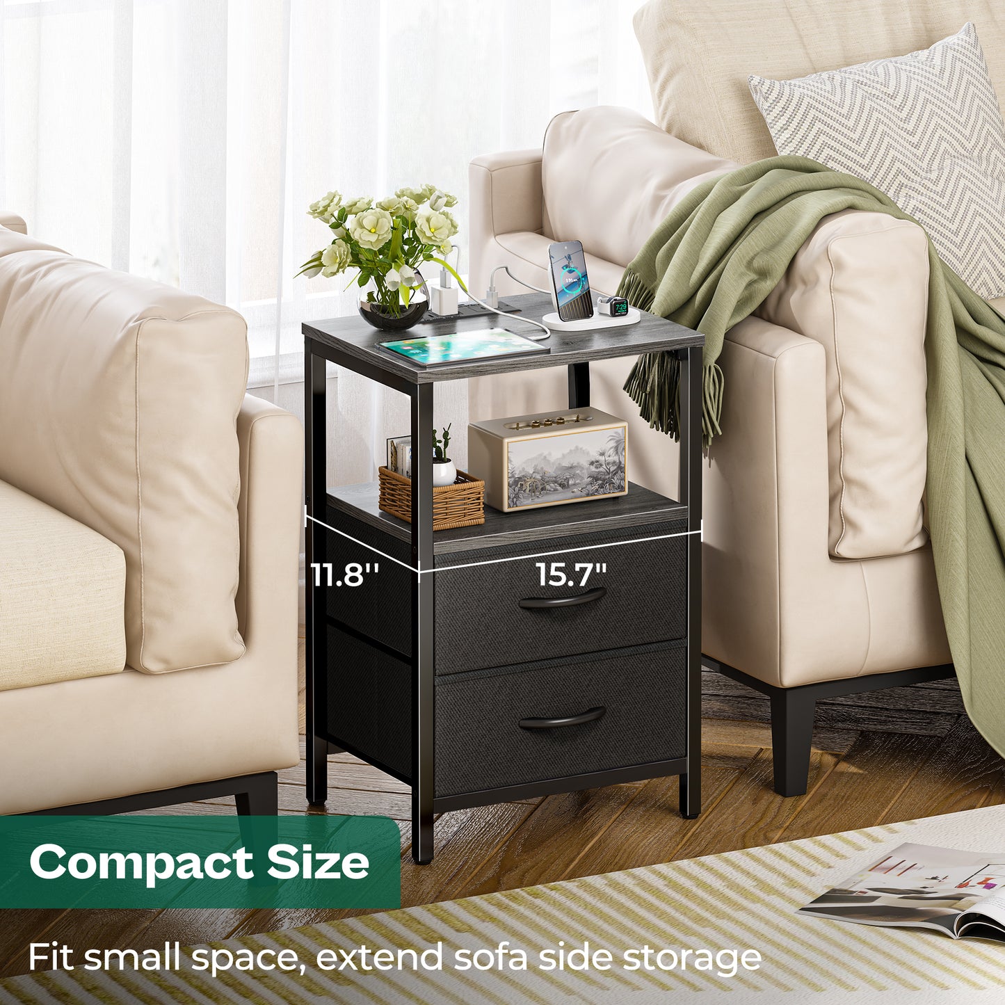 Huuger Nightstand with Charging Station, Side Table with Fabric Drawers, End Table with Open Shelf, Bedside Table with USB Ports and Outlets, Night Stand for Bedroom, Charcoal Gray