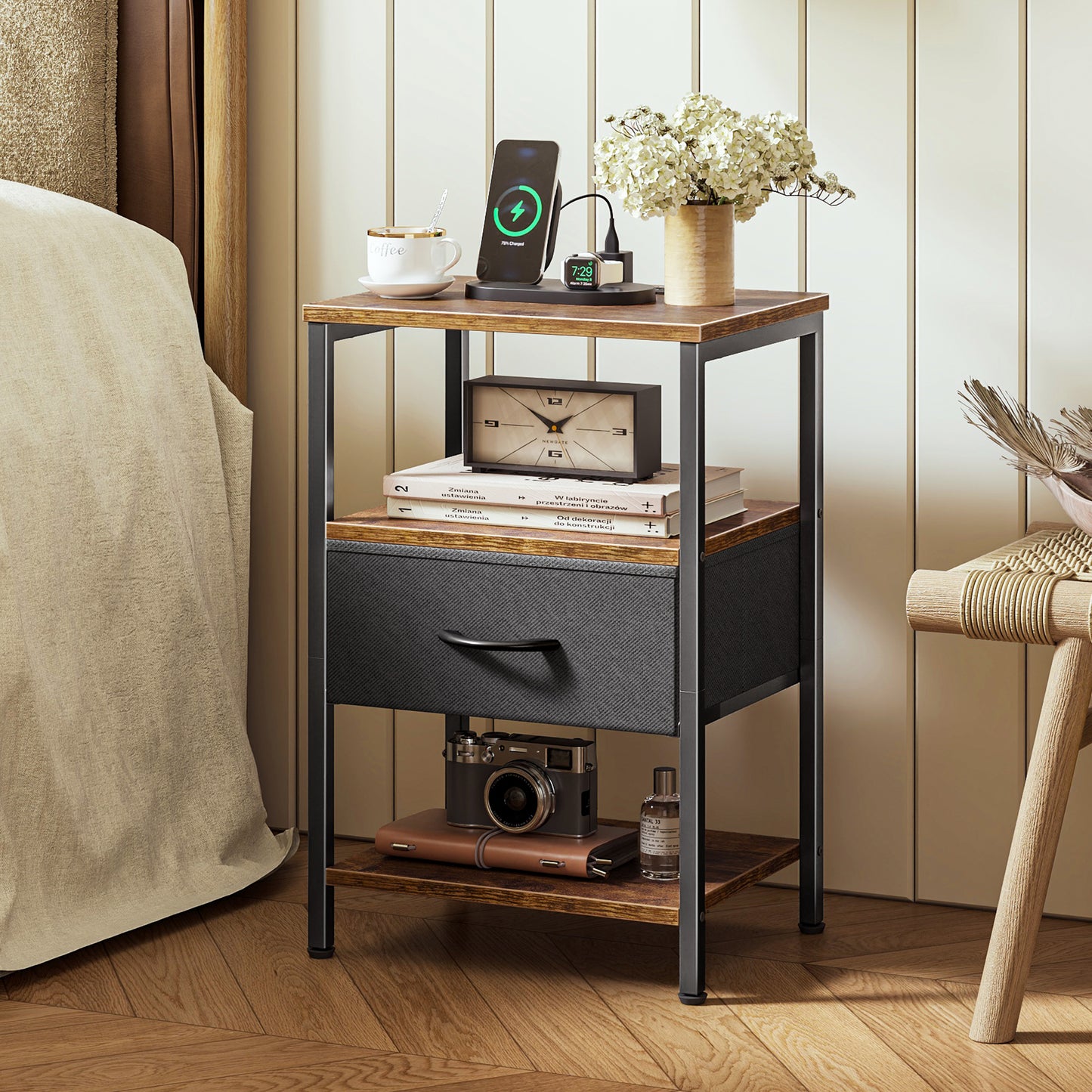 SUPERJARE Nightstand with Charging Station, USB-C Port, Bedside Table Night Stand for Bedroom, with Adjustable Fabric Drawer, 3-Tier Storage End Table, for Living Room, Rustic Brown & Black