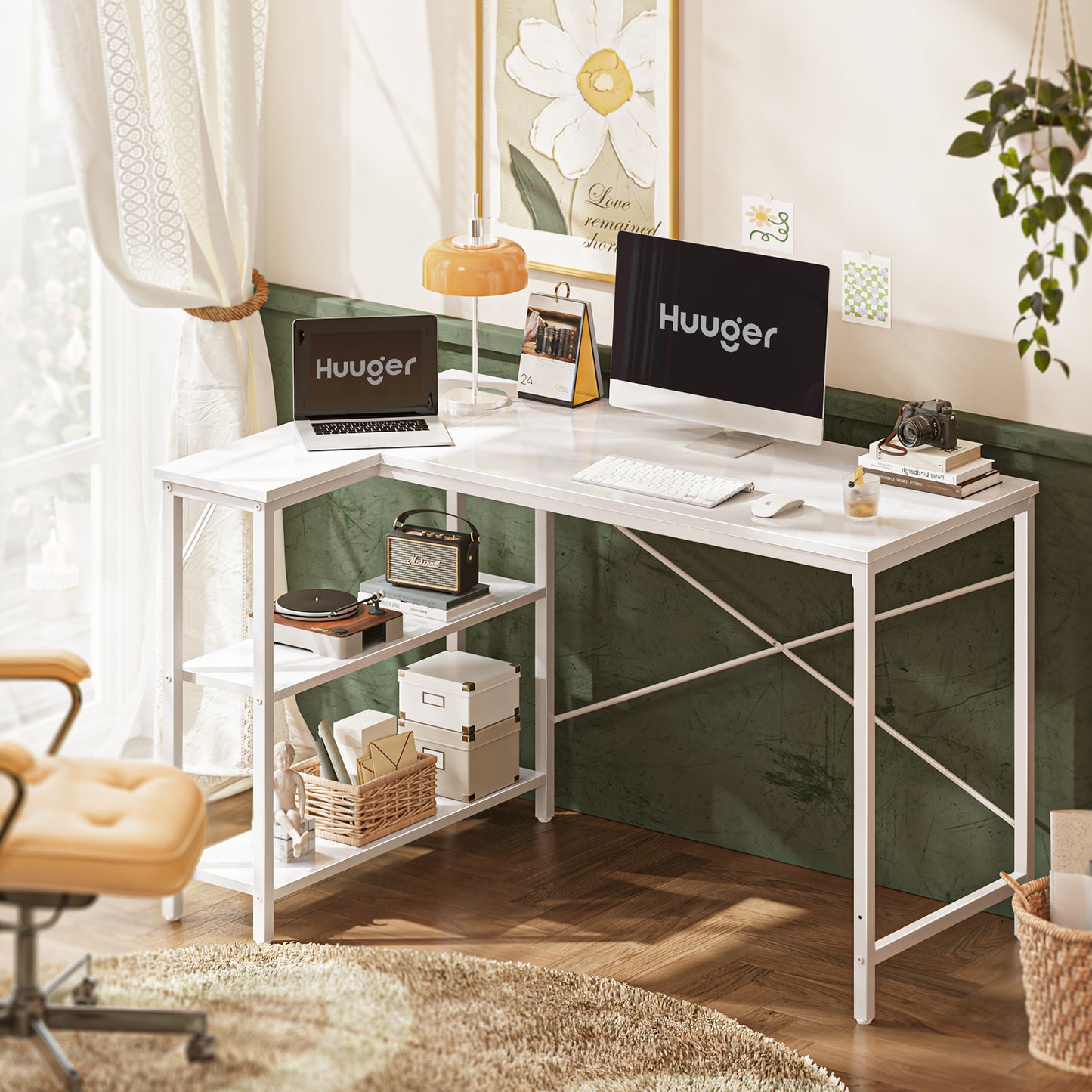 Huuger L Shaped Desk, 47 Inches Computer Desk with Reversible Storage Shelves, Gaming Desk, Corner Desk Home Office Desks, Writing Desk Study Desk with Metal Frame