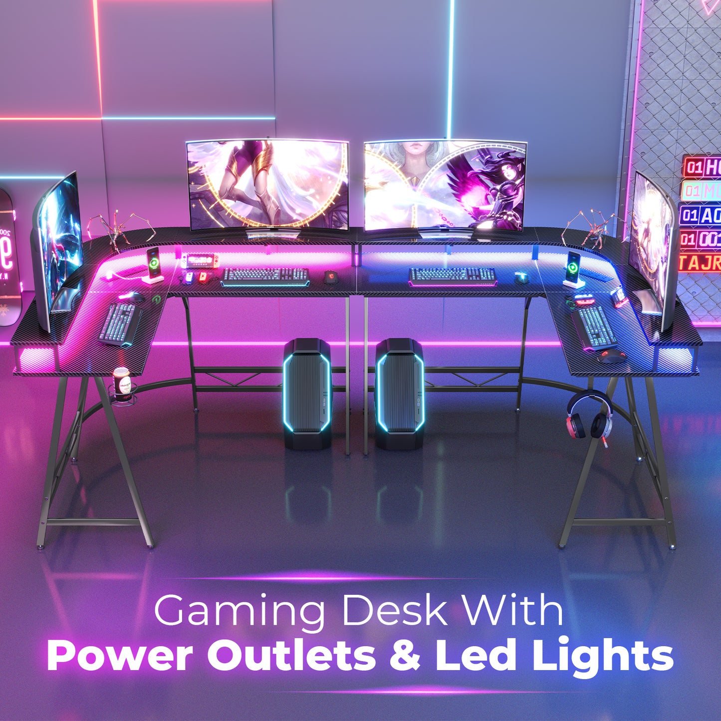 Huuger L Shaped Desk Gaming Desk with LED Lights & Power Outlets, Computer Desk with Monitor Shelves, Cup Holder & Hook, Carbon Fiber Black