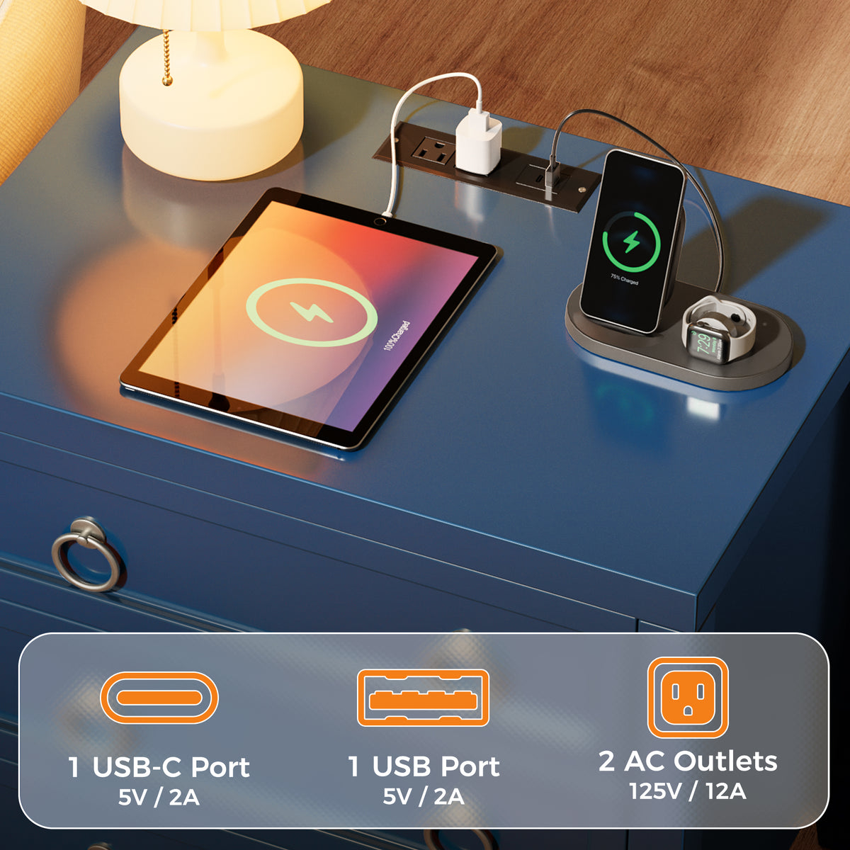 Huuger Paint Night Stand with Charger Station, 3 Drawer Nightstand Set of 2 Larger Wider Bedside Table with USB-C Port, Modern End Table, for Bedroom, Living Room, Blue Nightstand