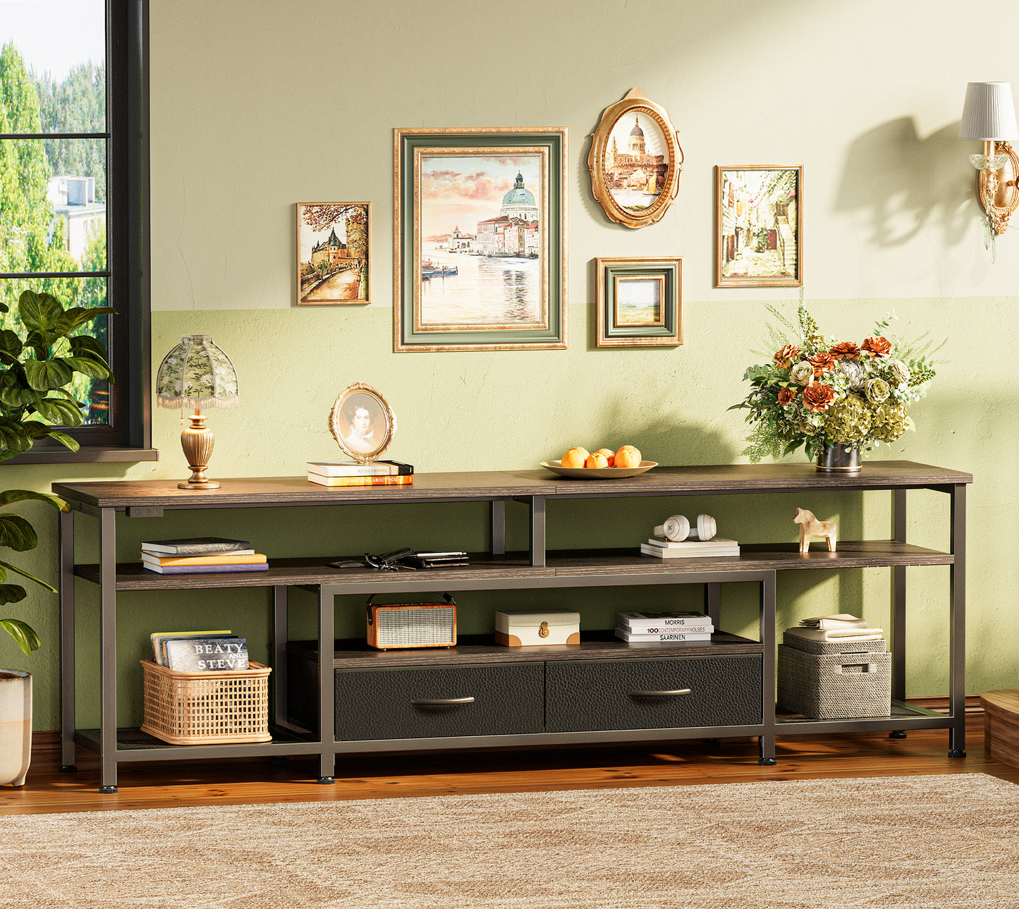 Huuger 63 Inch LED TV Stand for 65 70 Inch TV, Entertainment Center with Open Shelves and Power Outlets, TV Console for Living Room, Media Console with Drawers, Black