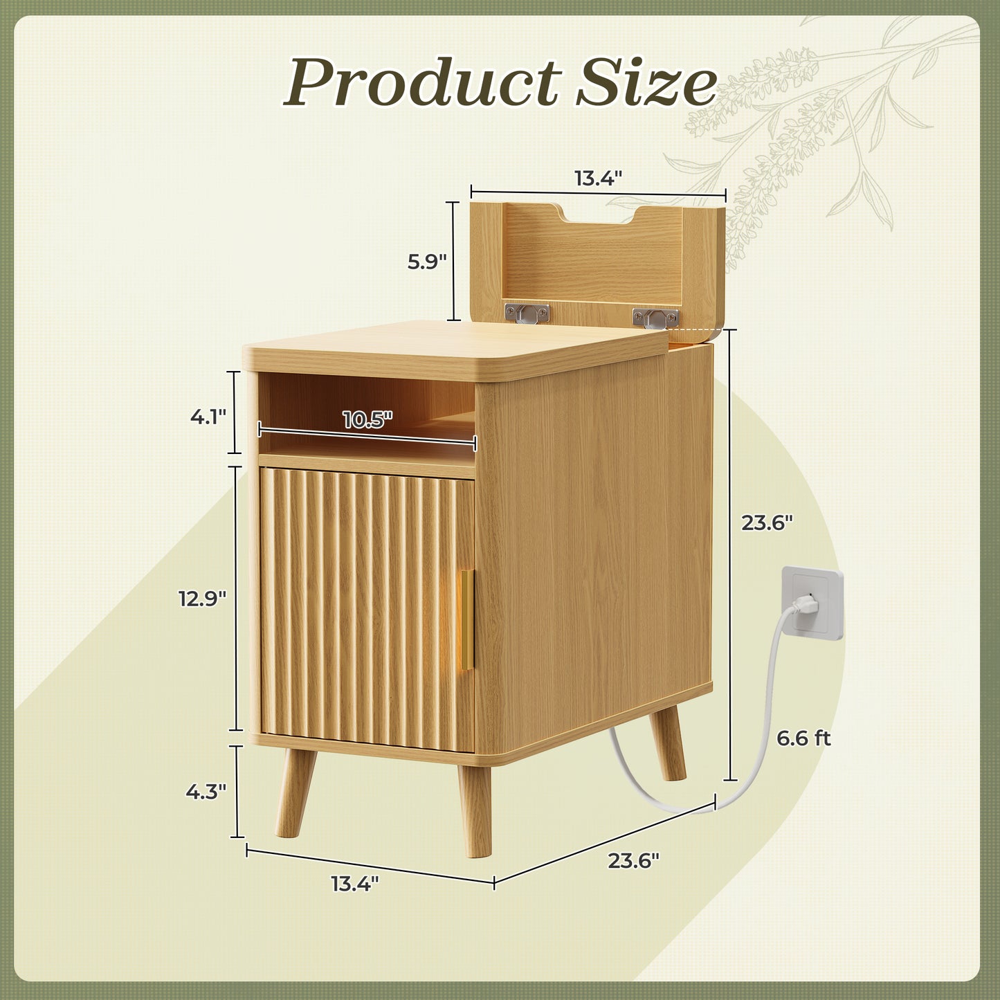 Huuger Narrow Nightstand with Charging Station, USB-C Port, Set of 2 Night Stand, Fluted End Table with Storage Cabinet, Back Rack, Side Table for Small Spaces, 13.4×23.6 Inch, Natural