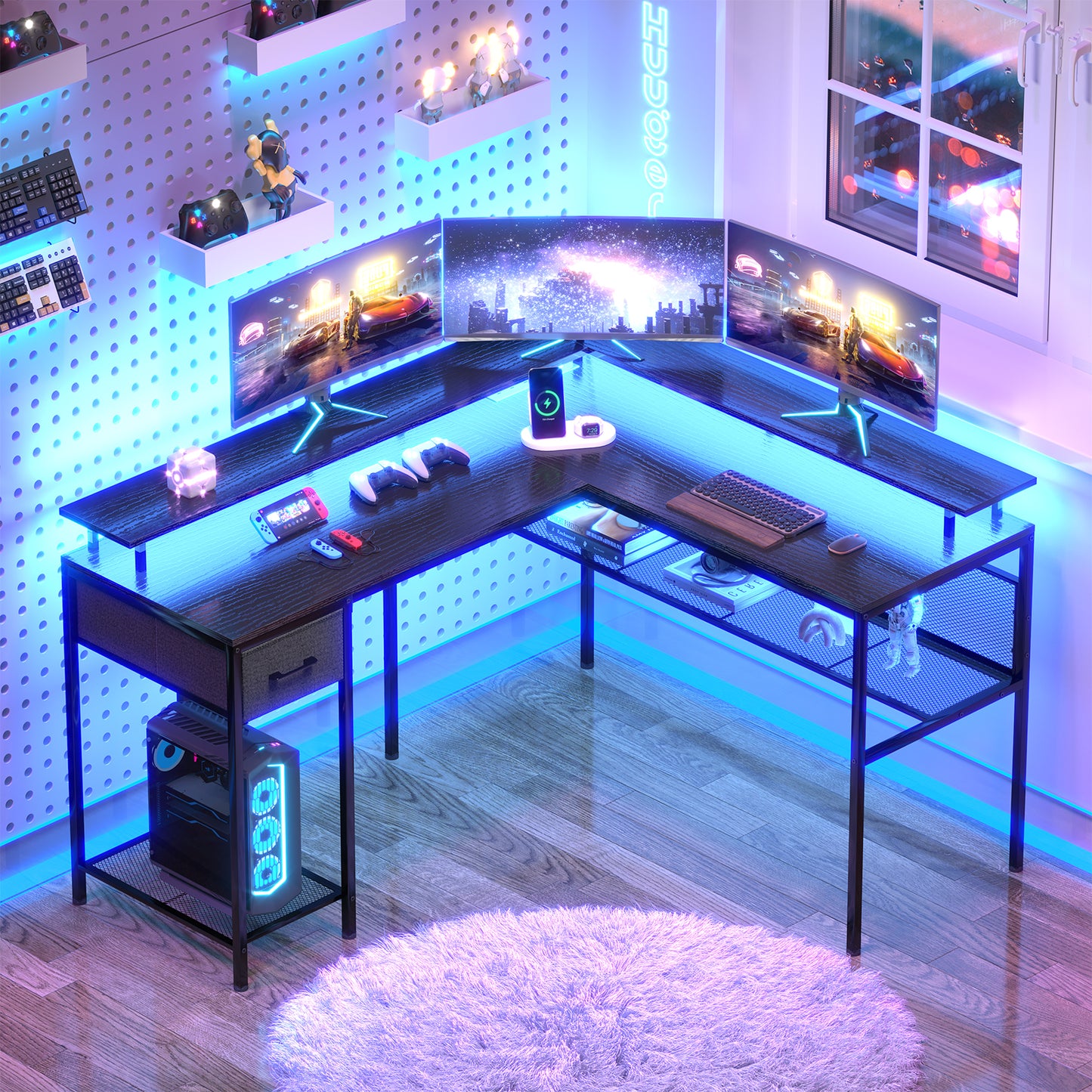 Huuger L Shaped Desk Gaming Desk with LED Lights & Power Outlets, Computer Desk with Storage Shelves, Corner Desk Home Office Desk, Black