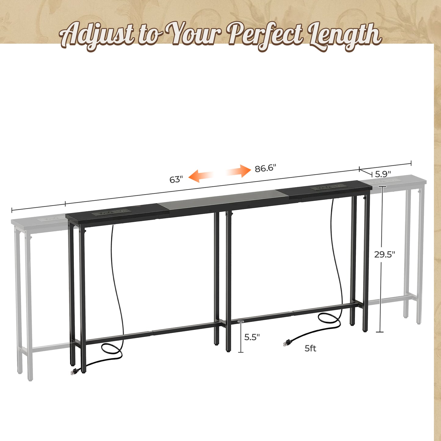Huuger Narrow Sofa Table with 2 Power Outlets, Adjustable Length, Behind the Couch Table with USB-C Ports, Long Entryway Console Table, Anti-tip Kit, for Hallway Entry, Black