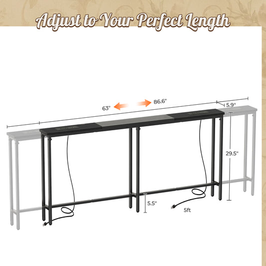 Huuger Narrow Sofa Table with 2 Power Outlets, Adjustable Length, Behind the Couch Table with USB-C Ports, Long Entryway Console Table, Anti-tip Kit, for Hallway Entry, Black
