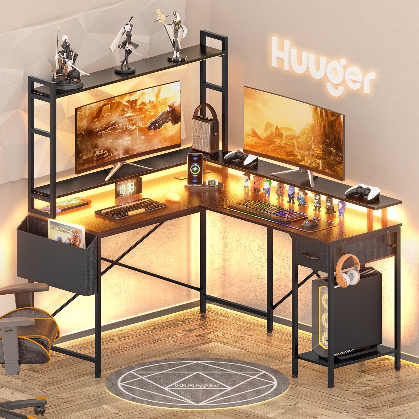 Huuger L Shaped Gaming Desk with Power Outlets, Led Lights, Computer Desk  Office Desk with Storage Shelves, Corner Home Office Desks for Bedroom,  Black 