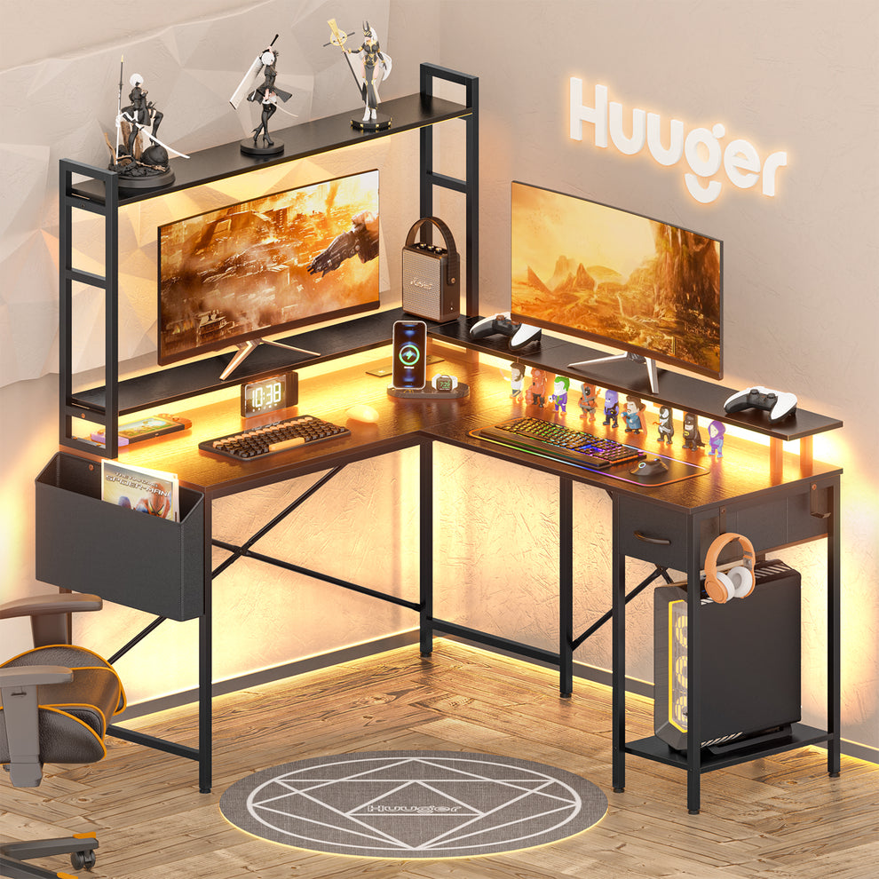 Huuger L Shaped Desk Gaming Desk with LED Lights & Power Outlets, Comp