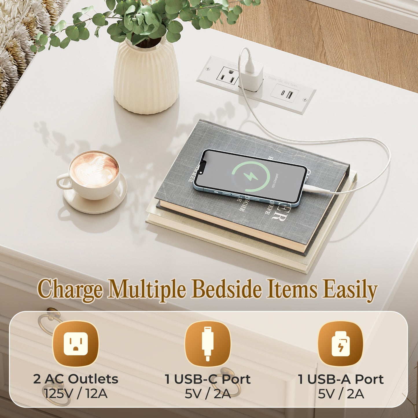 Huuger 27.6 Inch Tall Nightstand with Charging Station, USB-C Port Larger Night Stand Set of 2, Bedside Table with 2 Drawers, 11.4 Inch Raised Legs, Side Tables End Tables, for Bedroom, White