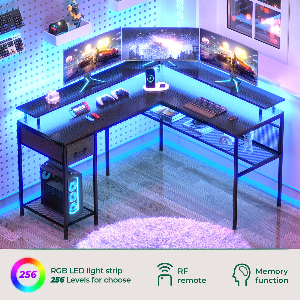 Huuger L Shaped Desk Gaming Desk with LED Lights & Power Outlets, Comp