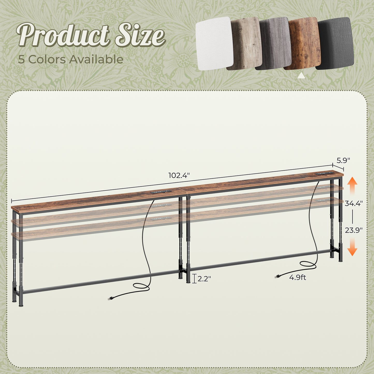 Huuger 102.4 Inch Sofa Table with Power Outlets, 23.9’’-34.4’’ Height Adjustable Range, Behind Couch Table with USB-C Ports, Sofa Tables Narrow Long, Skinny Console Table, Small Spaces