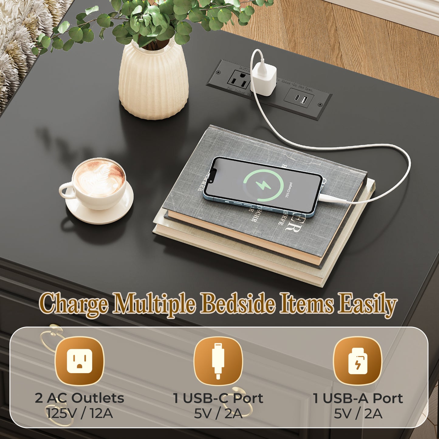 Huuger 27.6 Inch Tall Nightstand with Charging Station, USB-C Port, 2 Drawers Bedside Table, Larger Night Stand with 11.4 Inch Raised Legs, Painted Side Table End Table, for Bedroom, Black