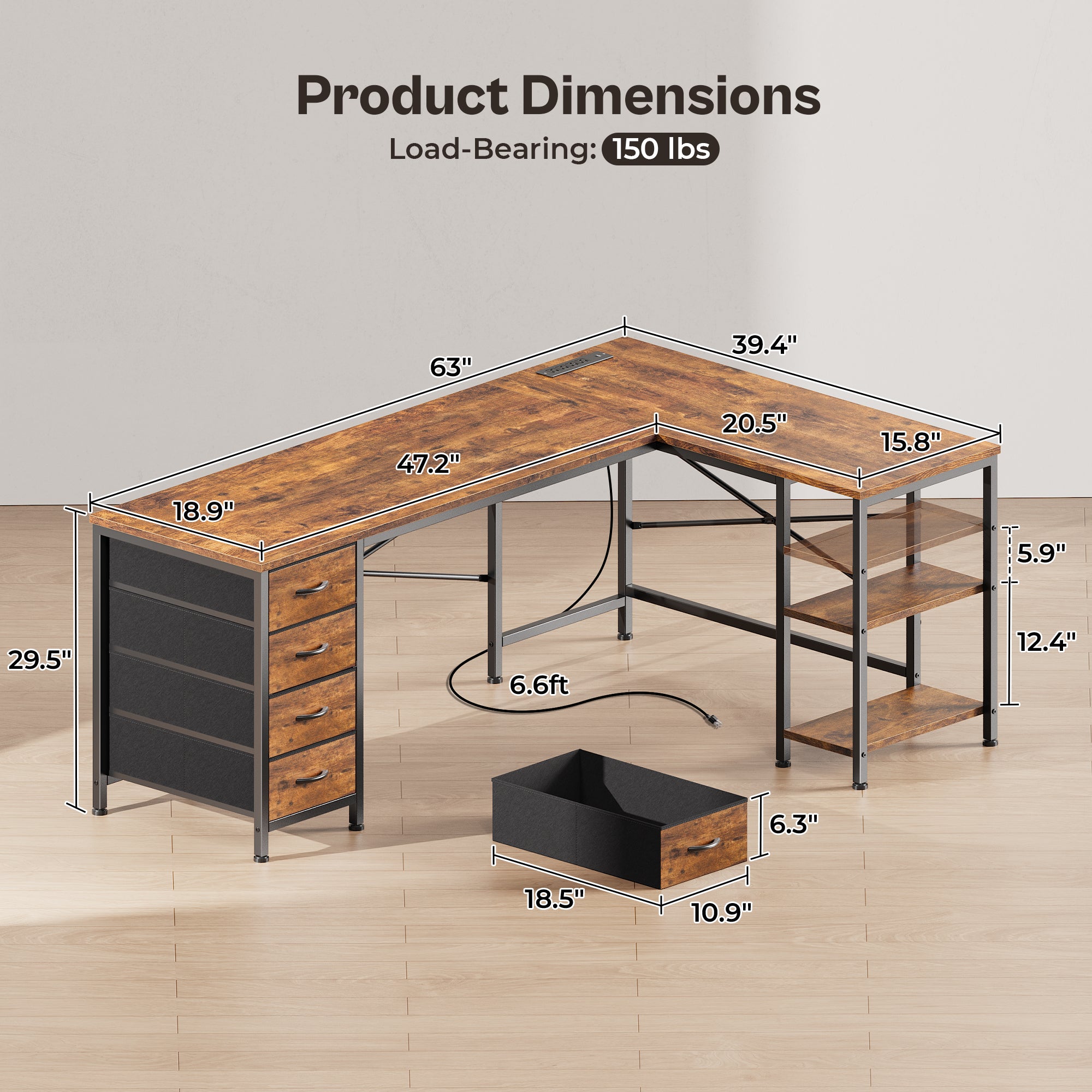 Huuger 63 Inch L Shaped Desk with Fabric Drawers, Computer Office Desk