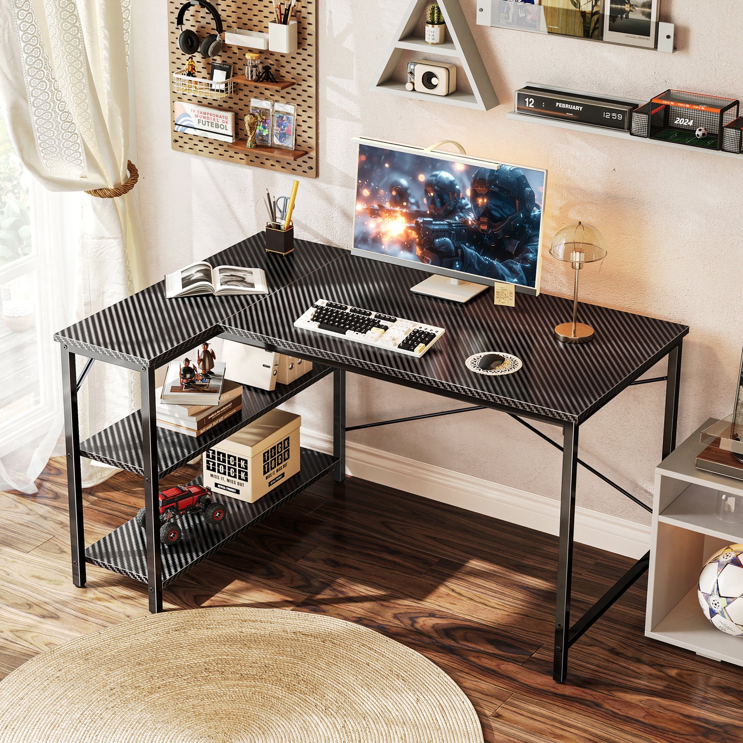 Huuger L Shaped Desk, 47 Inch Gaming & Home Office Desk with Reversible Storage Shelves, Metal Frame, Carbon Fiber Black，7966T