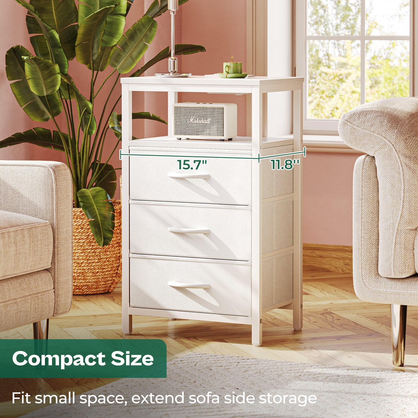 Huuger Nightstand with Charging Station, 27.6 Inch Side Table with Drawers, PU Leather Finish, End Table Bedside Table with USB Ports and Outlets, Night Stand for Bedroom, White