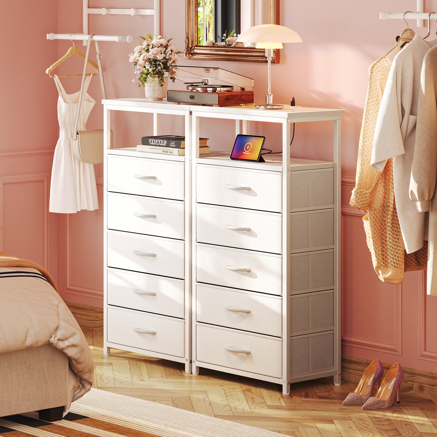 Huuger 5 Drawers Dresser with Charging Station, Dresser for Bedroom, Tall Night Stand, Chest of Drawers with Open Shelf, Bedside Table Nightstand, Fabric Storage Drawers, for Entryway, White