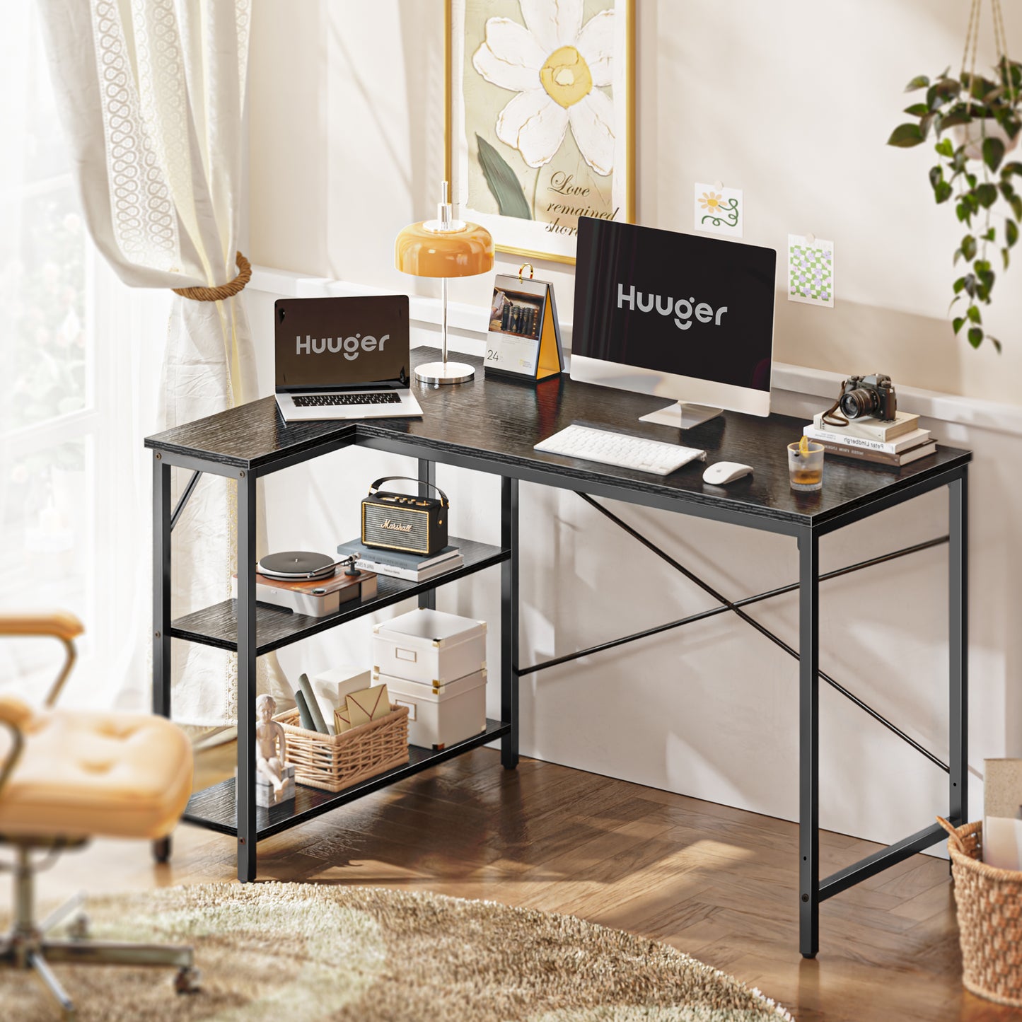 Huuger L Shaped Desk, 47 Inches Computer Desk with Reversible Storage Shelves, Black