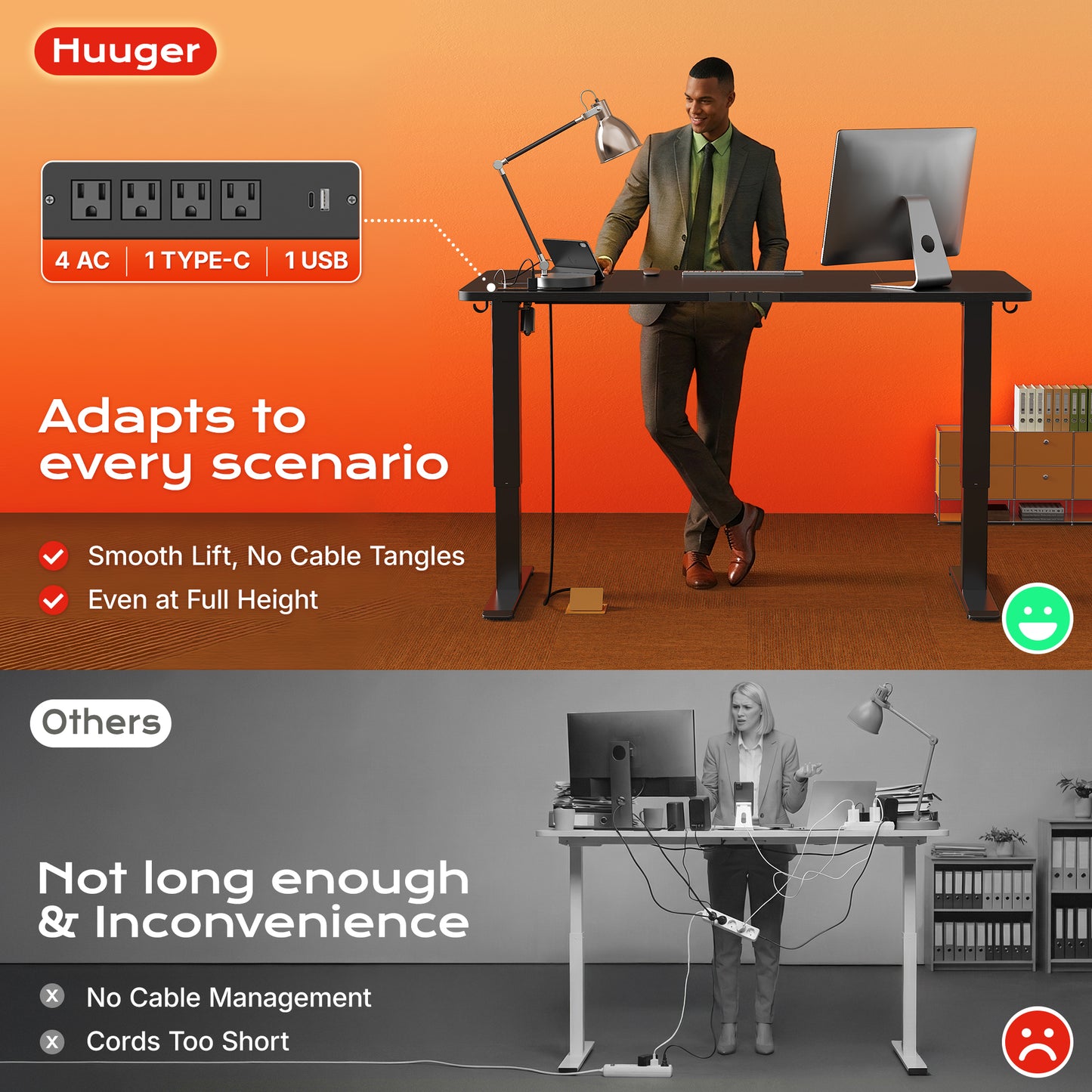 Huuger 55 X 24 Inch Electric Standing Desk with Power Outlets and USB-C Port, Height Adjustable Desk, Sit Stand Desk for Home Office, Computer & Gaming Desk with 3 Presets, Stable Steel Frame