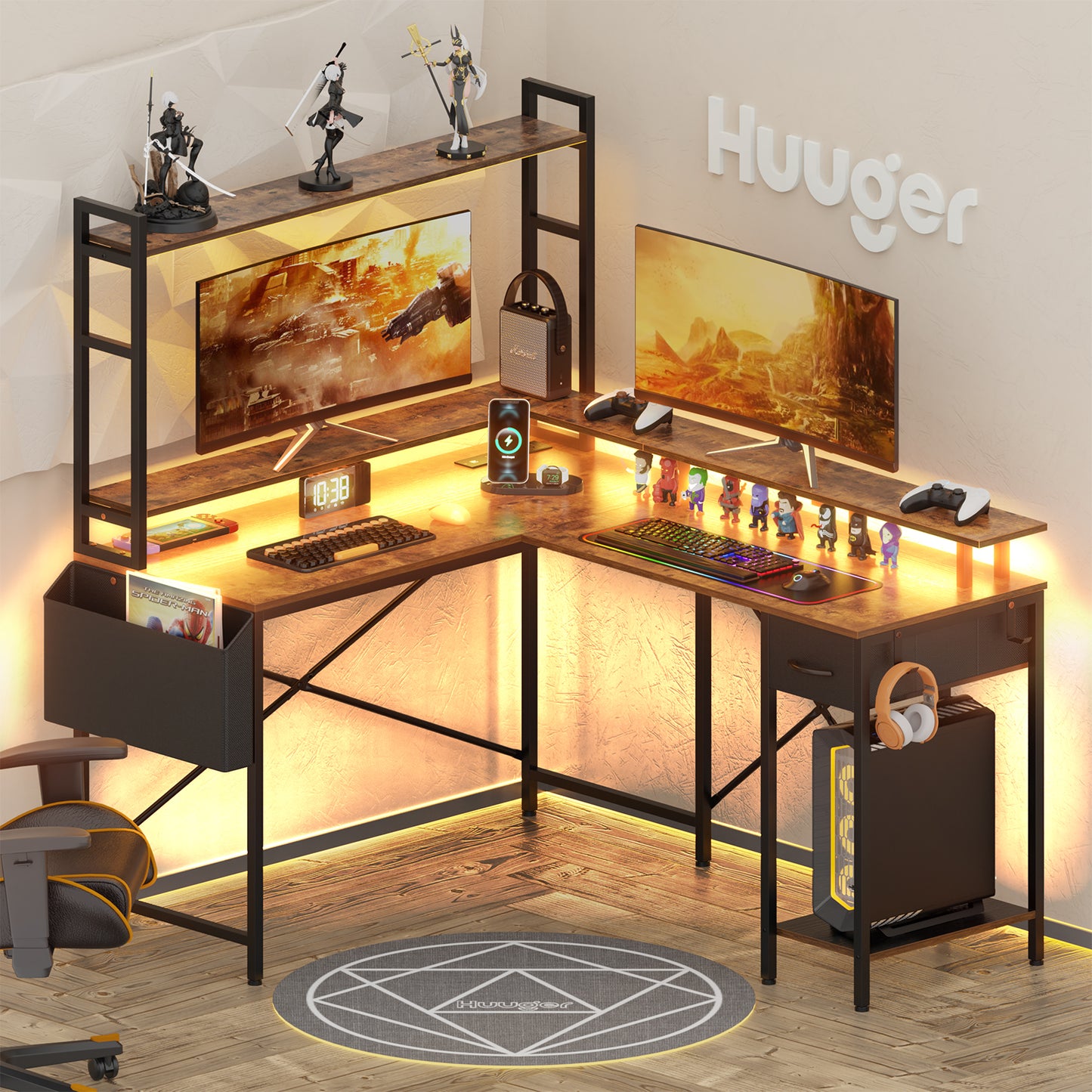 Huuger L Shaped Desk Computer Desk with LED Lights & Power Outlets, Gaming Desk with Storage Shelves, Rustic Brown