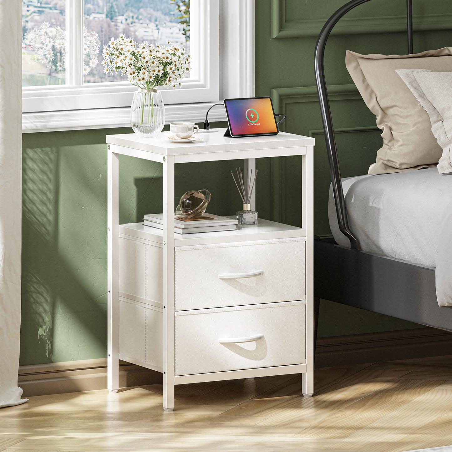 Huuger Nightstand with Charging Station, Side Table with Fabric Drawers, End Table with Open Shelf, Bedside Table with USB Ports and Outlets, Night Stand for Bedroom, White