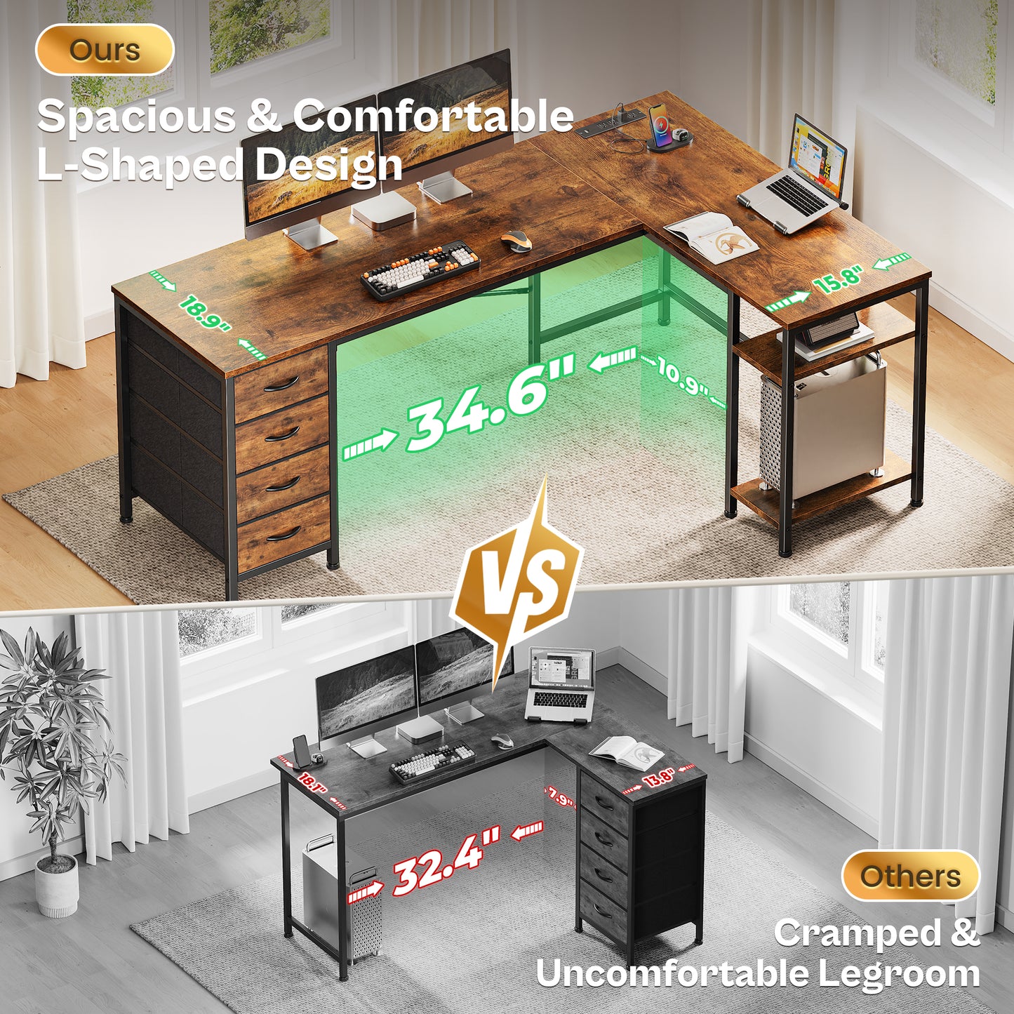 Huuger 63 Inch L Shaped Desk with Fabric Drawers, Computer Office Desk with Power Outlets and USB-C Port, Corner Desk with Storage Shelves, for Gaming Work Study Home Office, Reversible, Rustic Brown