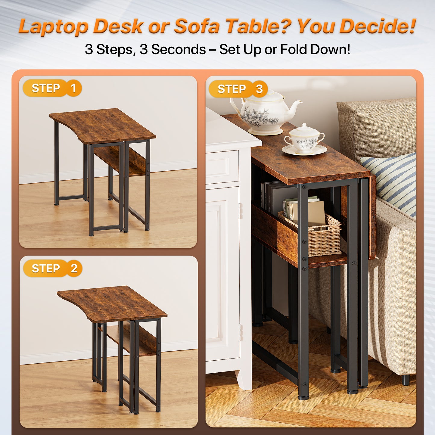 Huuger Folding Desk with Storage Shelf, 31.5 Inch Foldable Computer Table for Small Spaces, Space Saving Sofa Table for Couch, Writing Work Office Computer Desk, Easy to Fold, Rustic Brown