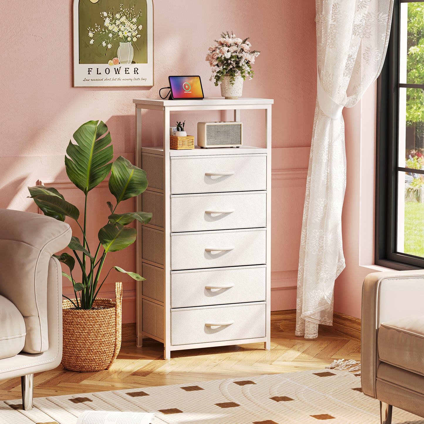 Huuger 5 Drawers Dresser with Charging Station, Dresser for Bedroom, Tall Night Stand, Chest of Drawers with Open Shelf, Bedside Table Nightstand, Fabric Storage Drawers, for Entryway, White