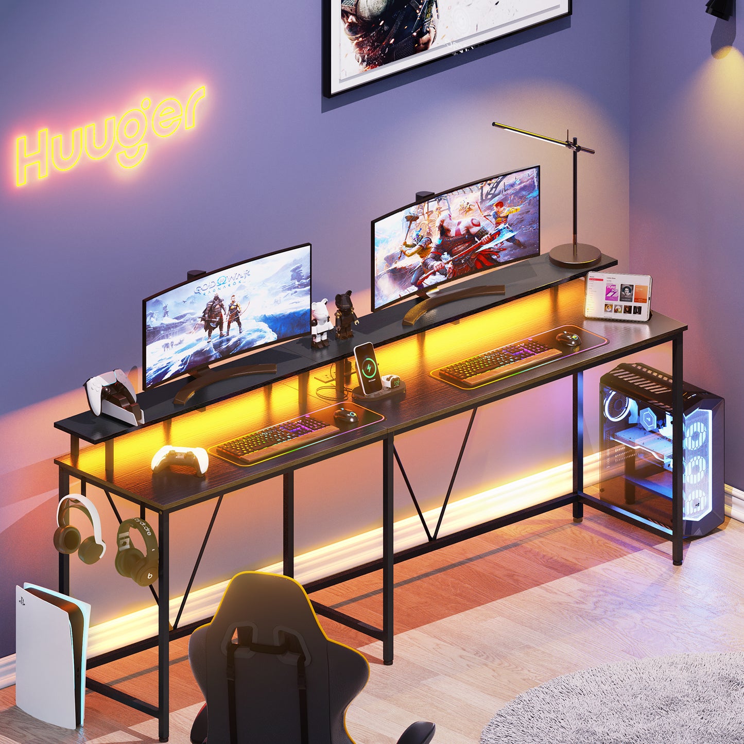 Huuger L Shaped Gaming Desk with LED Lights & Power Outlets, Monitor Stand & Hooks, Home Office Desk, Corner Gaming Desk, Black