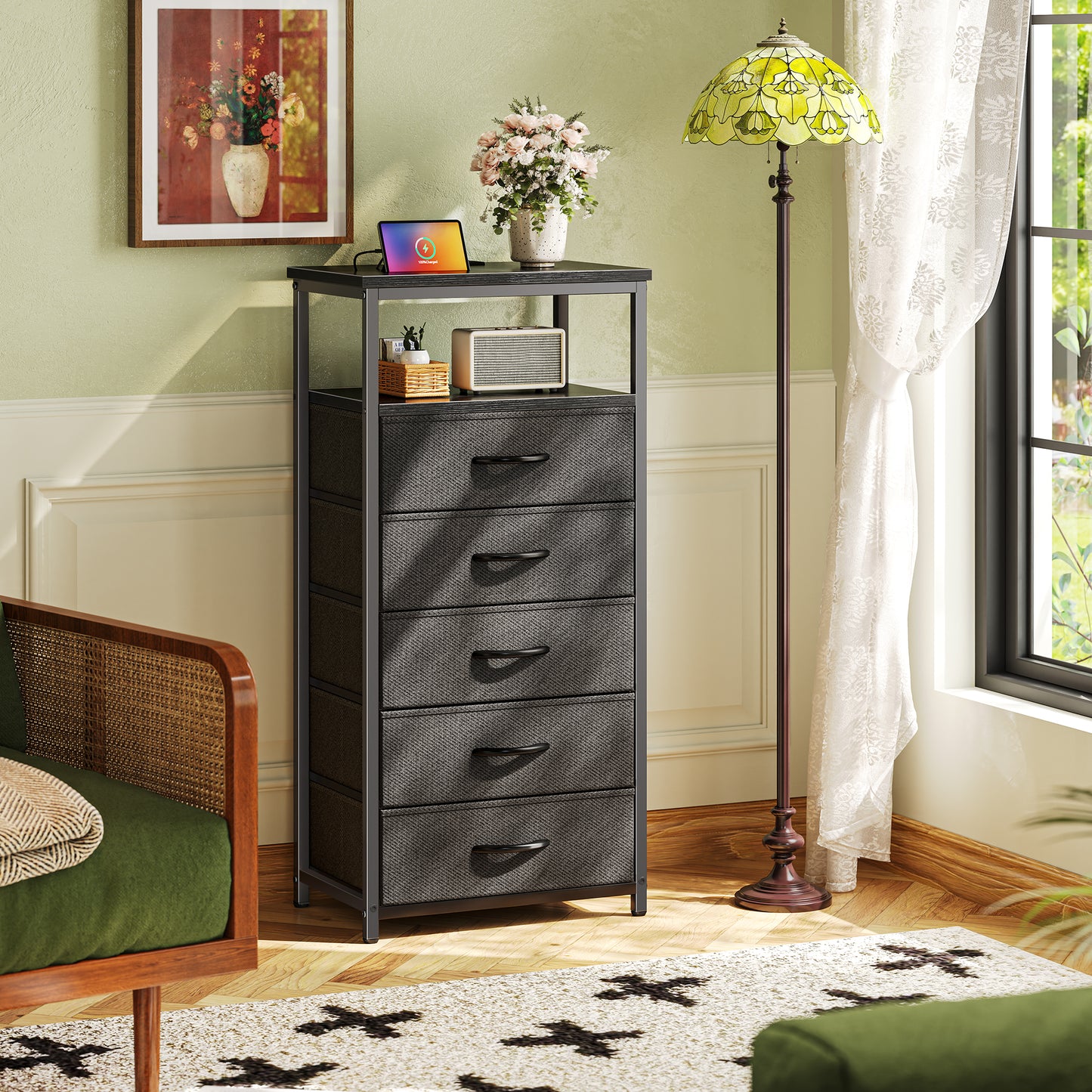 Huuger 5 Drawers Dresser with Charging Station, Dresser for Bedroom, Tall Night Stand, Chest of Drawers with Open Shelf, Bedside Table Nightstand, Fabric Storage Drawers, for Entryway, Black