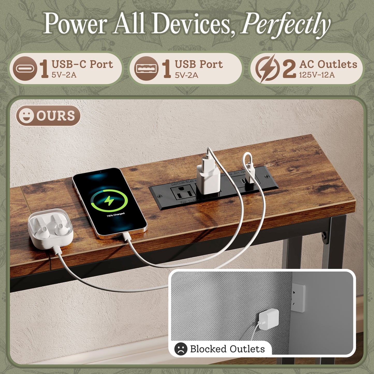 Huuger 102.4/110.2/118.1/130 Inch Behind Couch Table with 2 Power Outlets and USB-C Ports, Extra Long Narrow Sofa Table for Sectional Sofa, Skinny Console Table with Anti-Bump Pads, for Living Room, Rustic Brown
