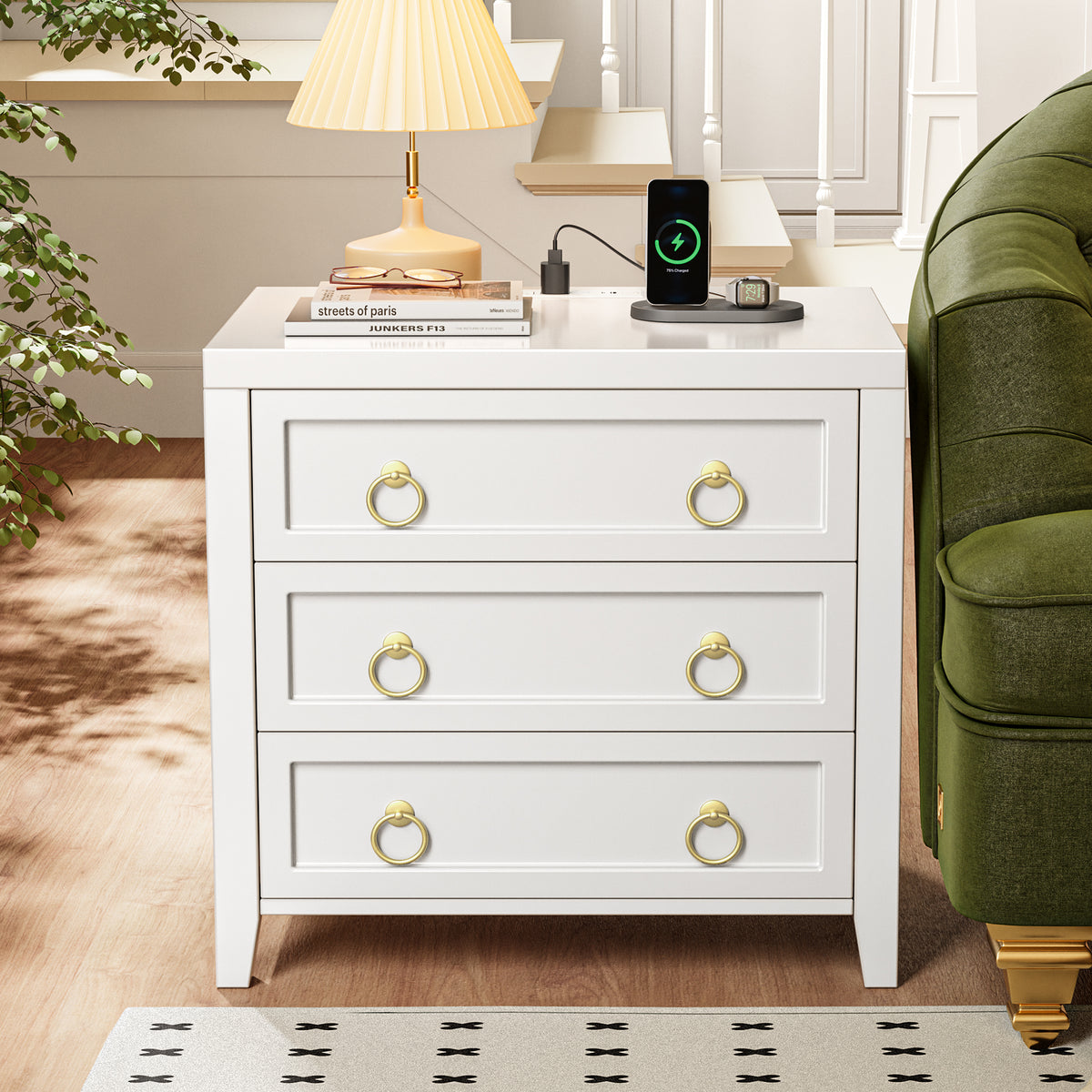 Huuger Paint Night Stand with Charger Station, 3 Drawer Nightstand Set of 2 Larger Wider Bedside Table with USB-C Port, Modern End Table, for Bedroom, Living Room, White Nightstand