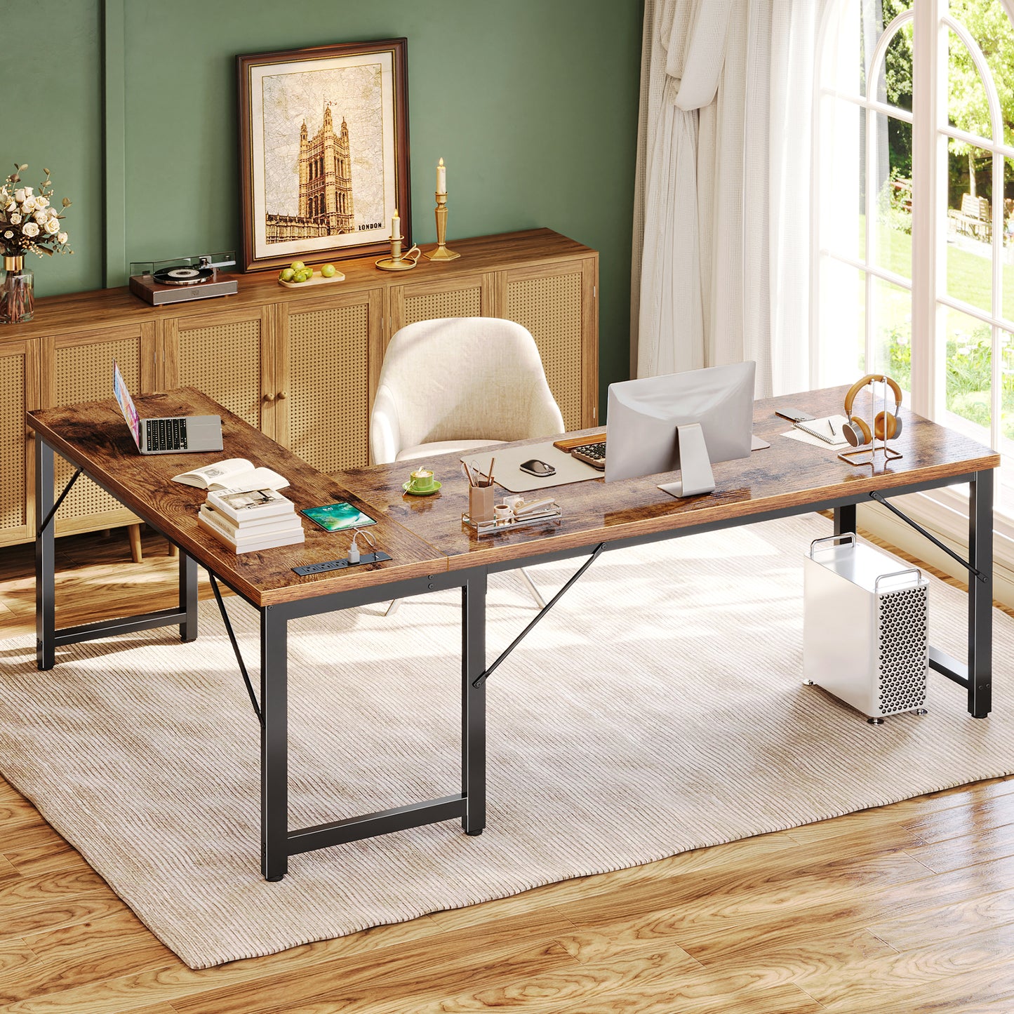 Huuger 63 Inch L Shaped Desk with Power Outlets and USB-C Port, 0.95 Inch Thicker Desktop, Reversible Computer Desk, Larger Office Corner Gaming Desk, Metal Frame, for Home Office, Study, Rustic Brown